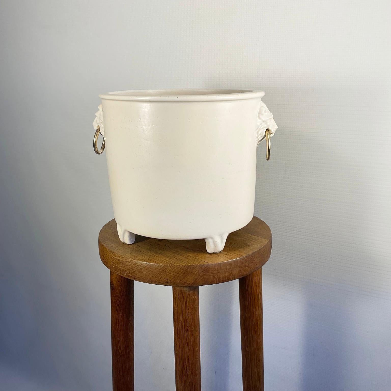 1960s Pol Chambost Ceramic Planter or Flowerpot Decorated with Two Lion Heads For Sale 6