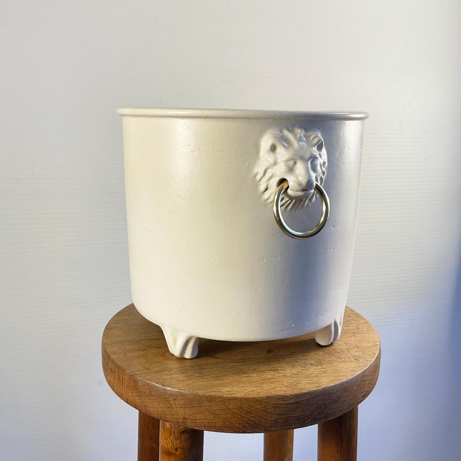 1960s Pol Chambost Ceramic Planter or Flowerpot Decorated with Two Lion Heads For Sale 7