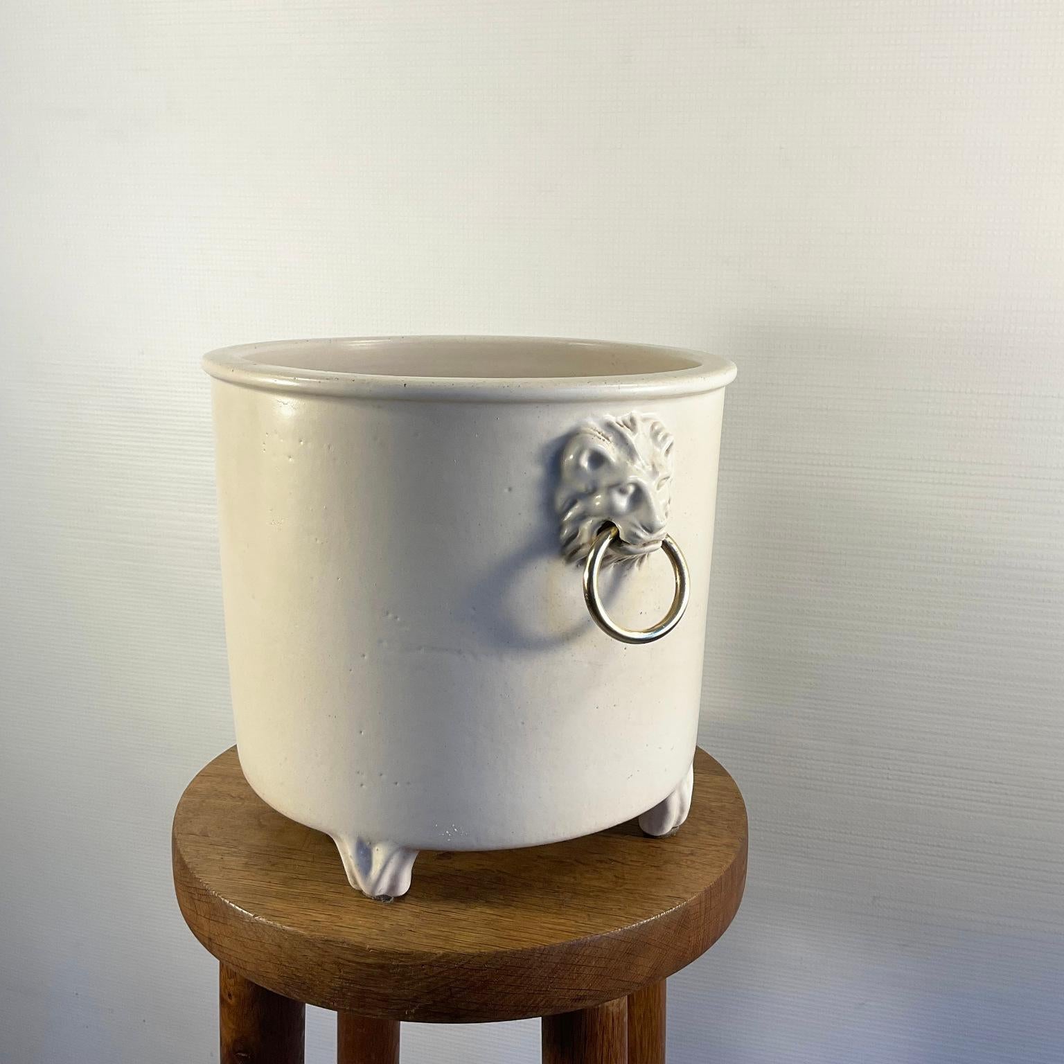Regency Revival 1960s Pol Chambost Ceramic Planter or Flowerpot Decorated with Two Lion Heads For Sale