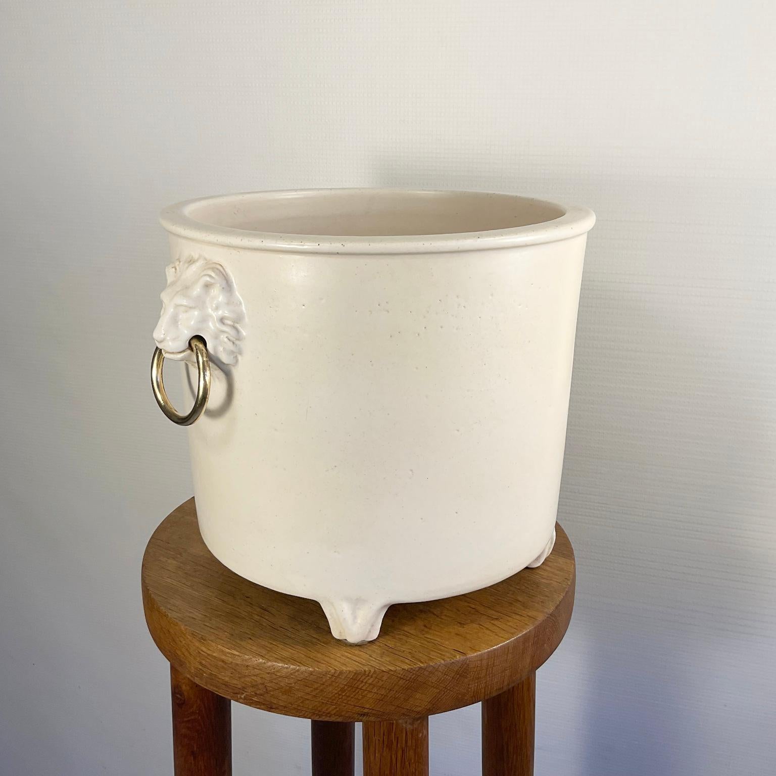 French 1960s Pol Chambost Ceramic Planter or Flowerpot Decorated with Two Lion Heads For Sale