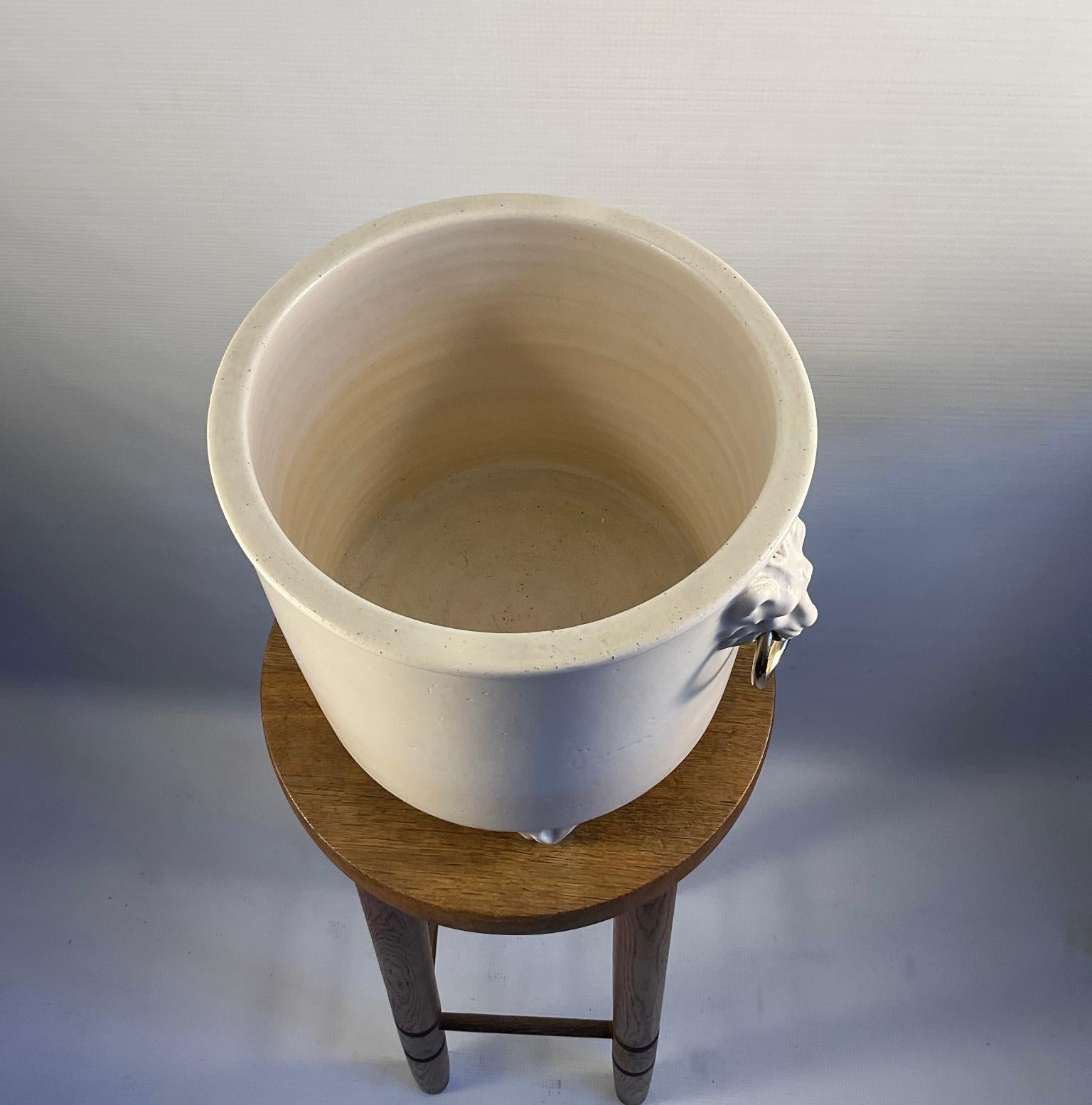 Hand-Crafted 1960s Pol Chambost Ceramic Planter or Flowerpot Decorated with Two Lion Heads For Sale