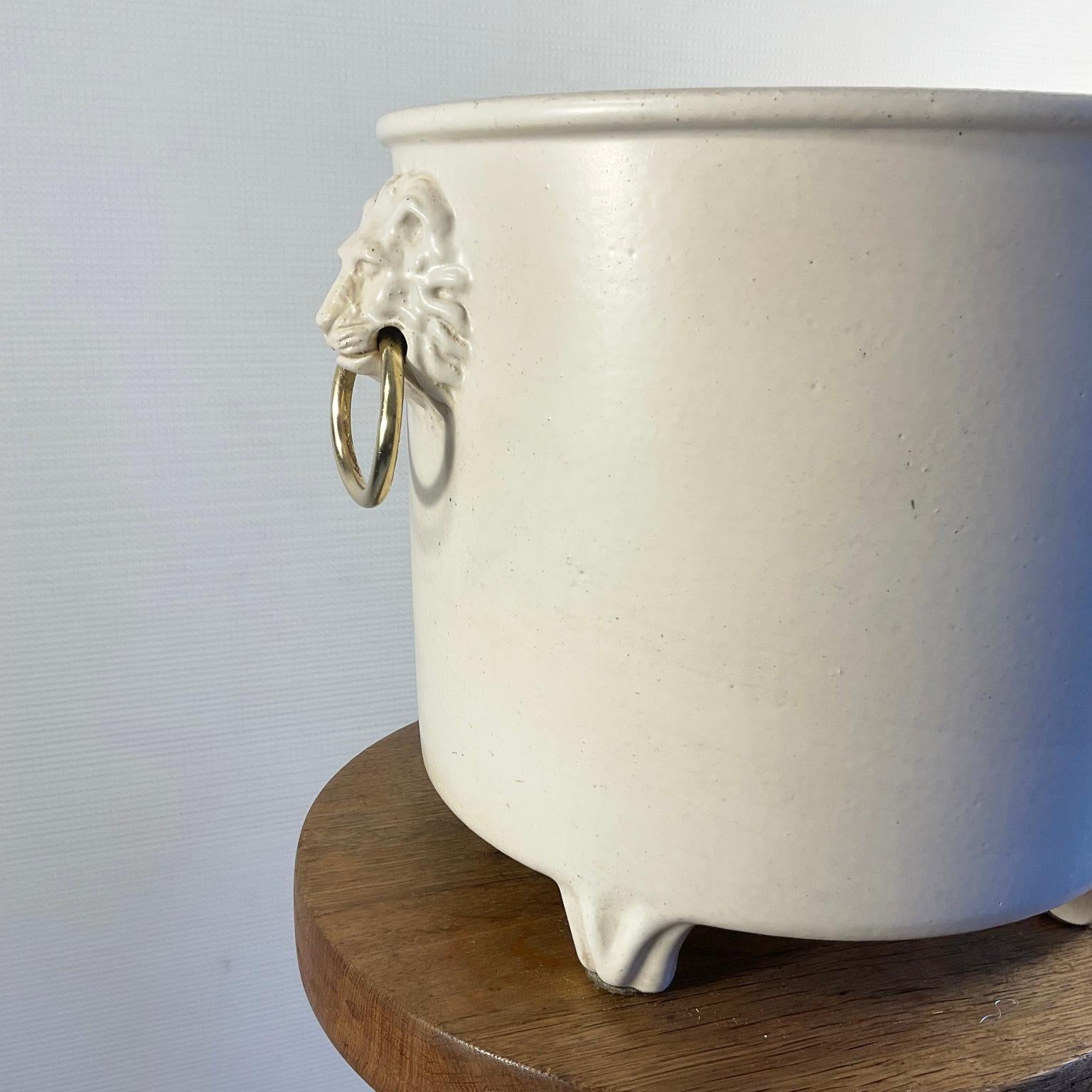 1960s Pol Chambost Ceramic Planter or Flowerpot Decorated with Two Lion Heads For Sale 1