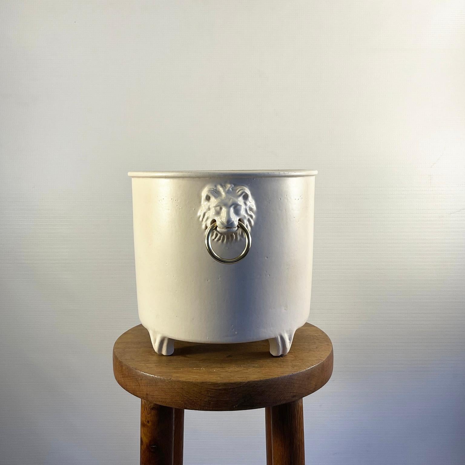 1960s Pol Chambost Ceramic Planter or Flowerpot Decorated with Two Lion Heads For Sale 2