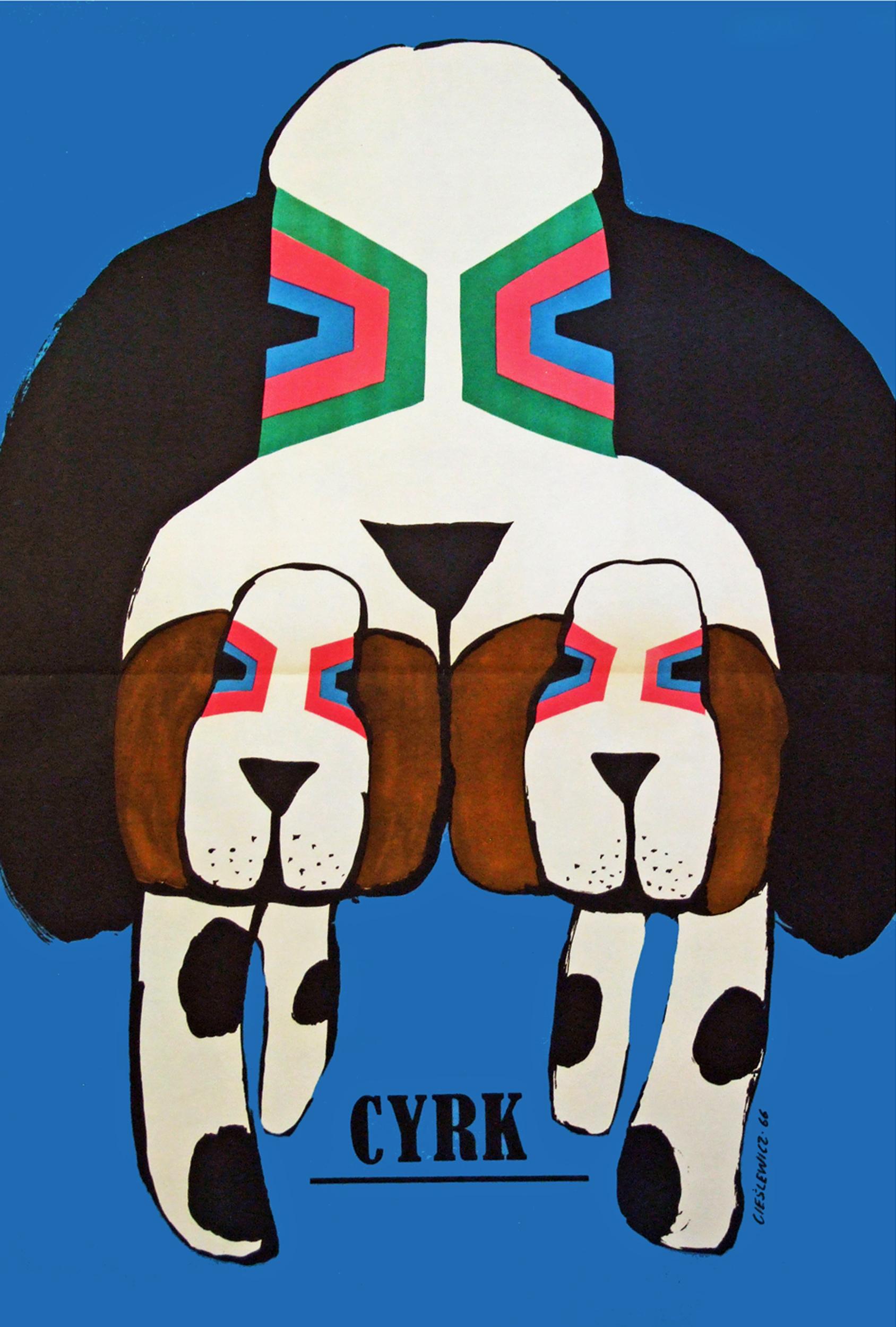 Original 1966 Polish circus promotional poster designed by Roman Cieslewicz.

First edition color offset lithograph.

Folded.

Measures: L 97cm x W 67cm.