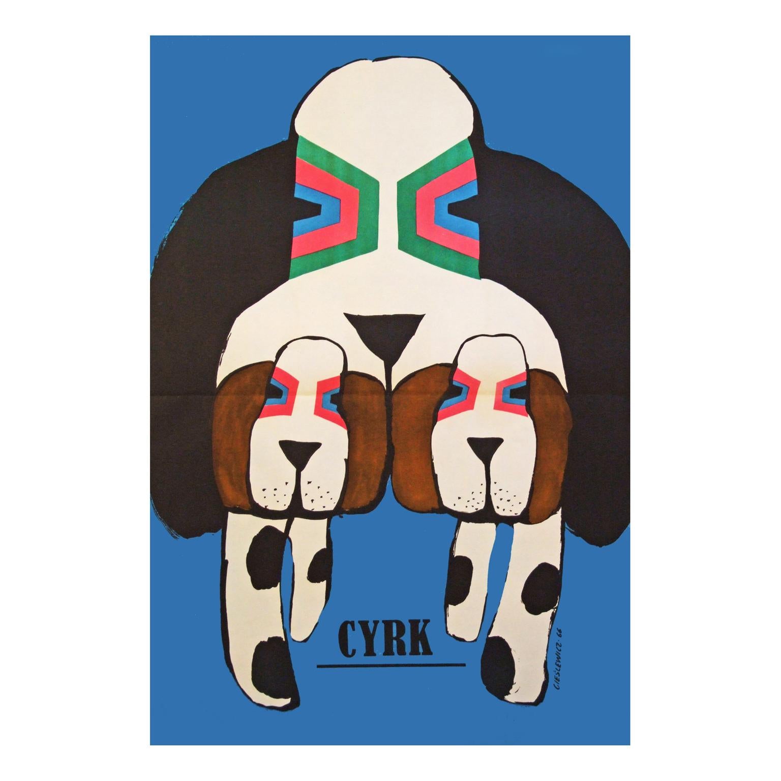 Mid-Century Modern 1960s Polish Cyrk Circus Dog Poster Pop Art Illustration For Sale