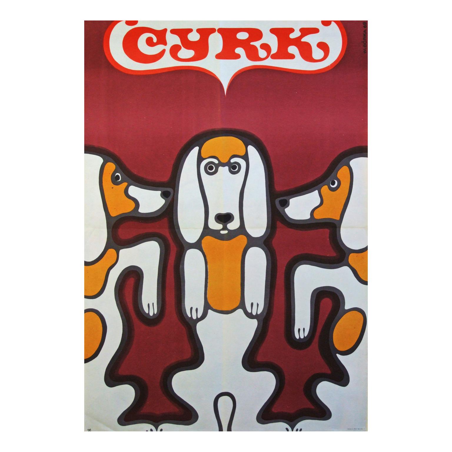 Mid-Century Modern 1960s Polish Cyrk Circus Dog Poster Pop Art Illustration For Sale