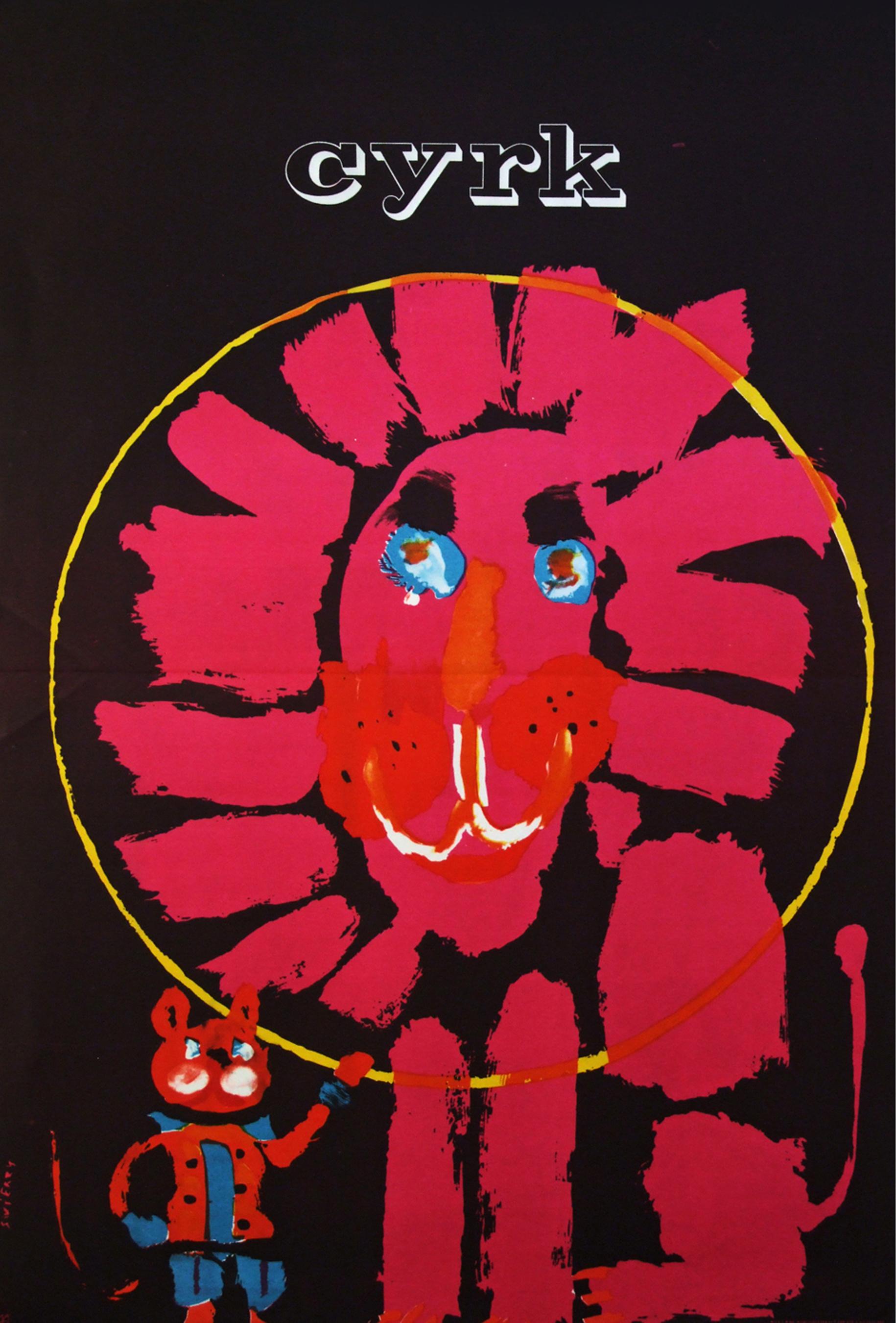 Mid-Century Modern 1960s Polish Cyrk Circus Pink Lion Poster For Sale