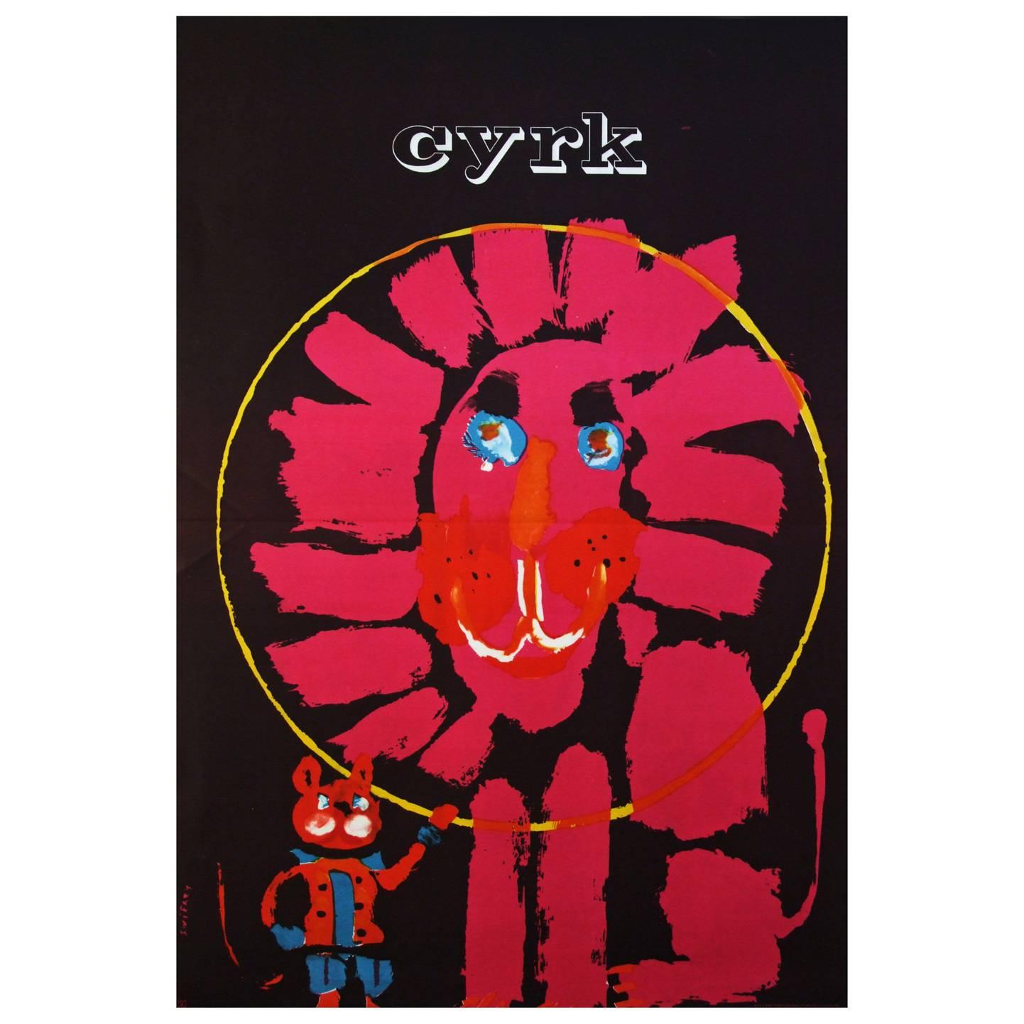 Mid-Century Modern 1960s Polish Cyrk Circus Pink Lion Poster For Sale
