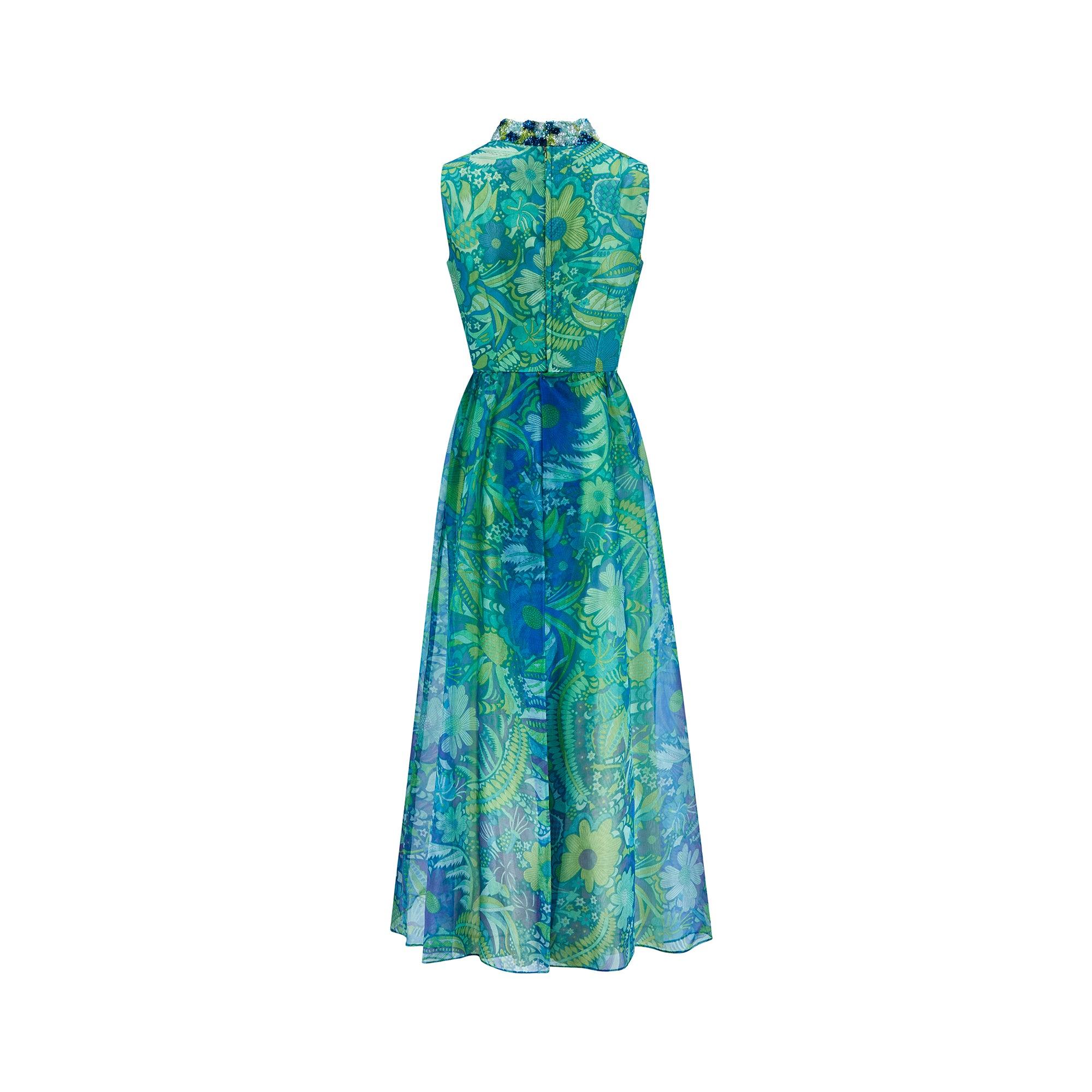 1960s Polmarks Green and Blue Sequinned Georgette Floral Jumpsuit In Excellent Condition For Sale In London, GB