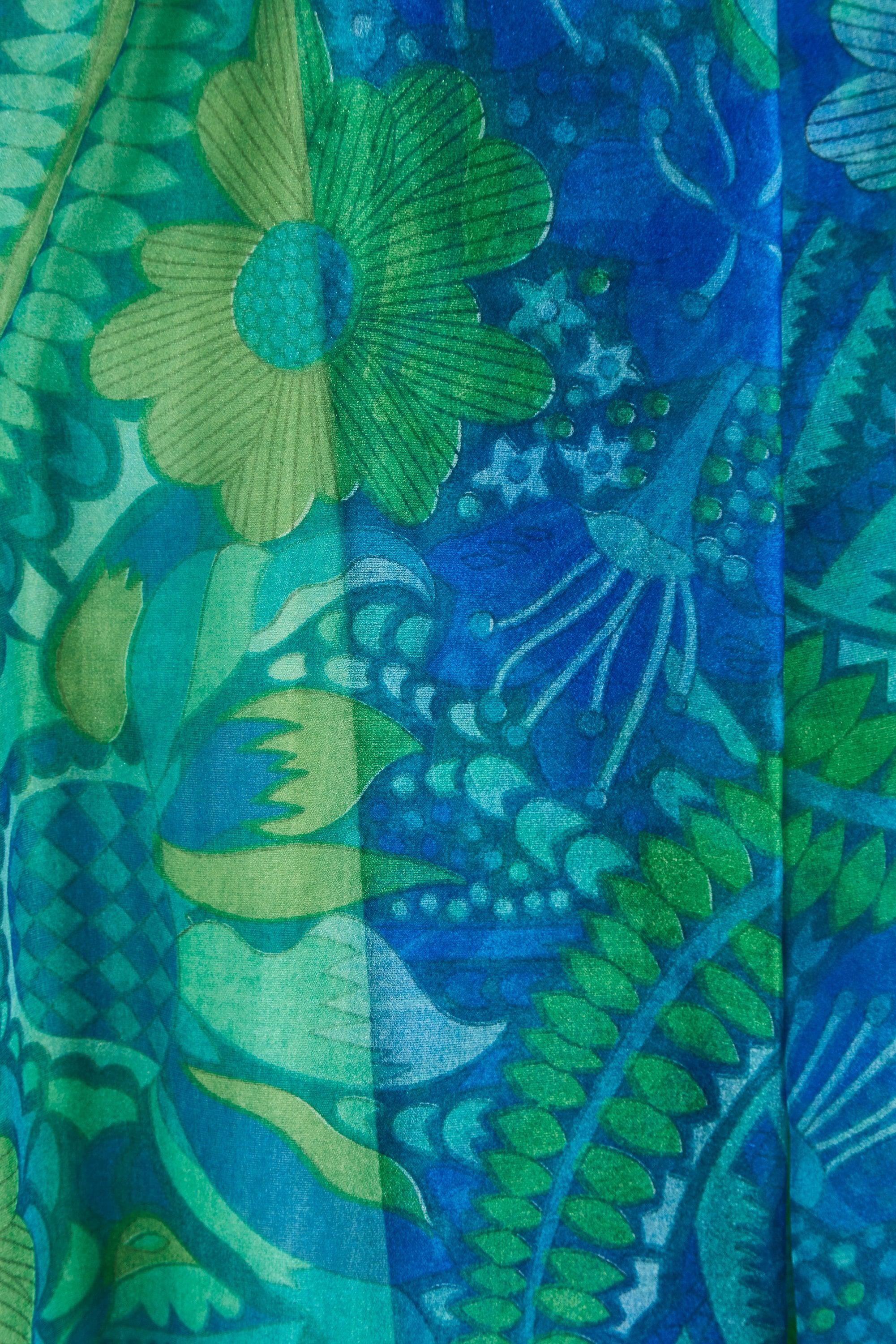 1960er Polmarks Grüner und blauer Georgette-Pailletten-Overall mit Blumenmuster Damen im Angebot