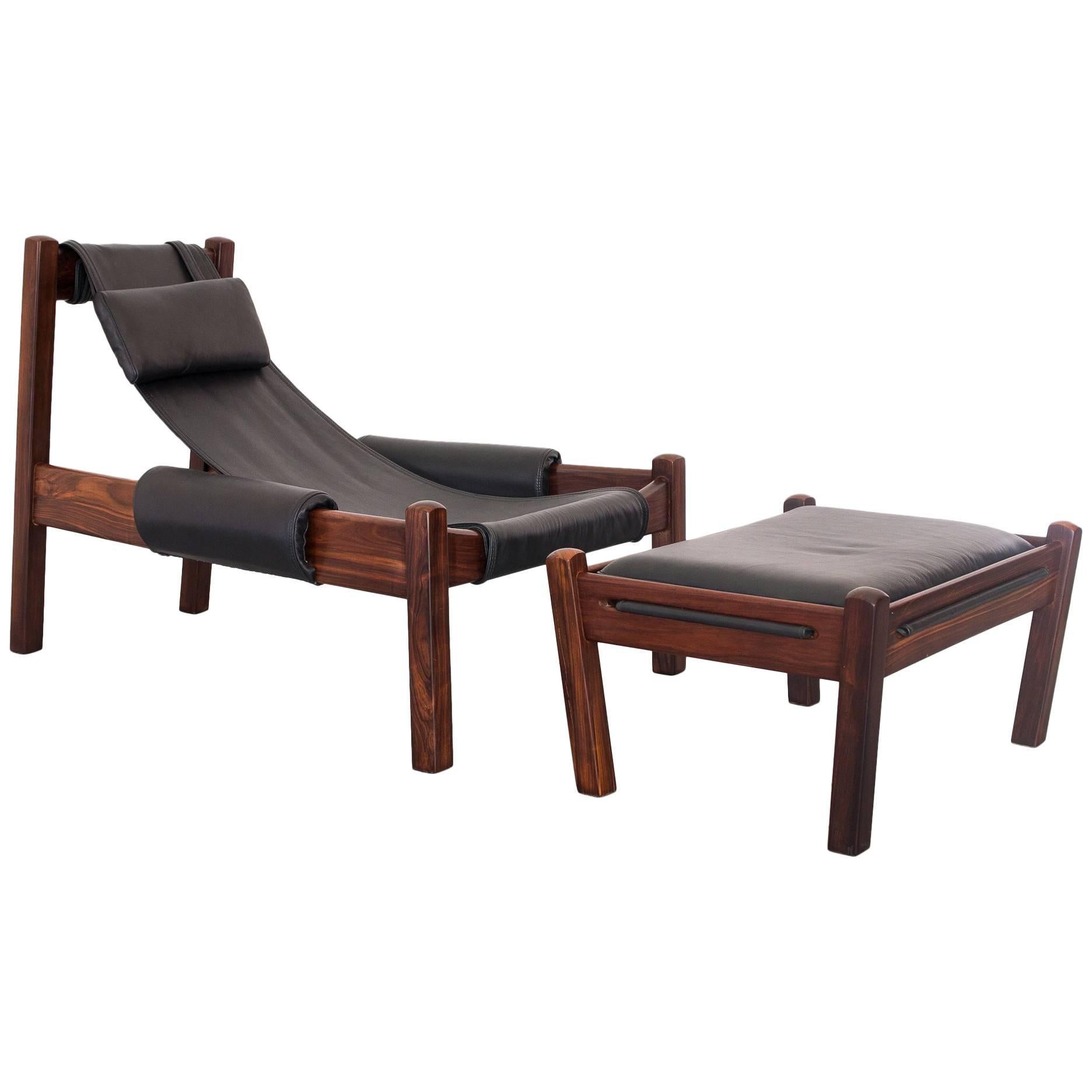 1960s "Poltronatus" Lounge Chair with Ottoman in Rosewood and Leather, Brazil
