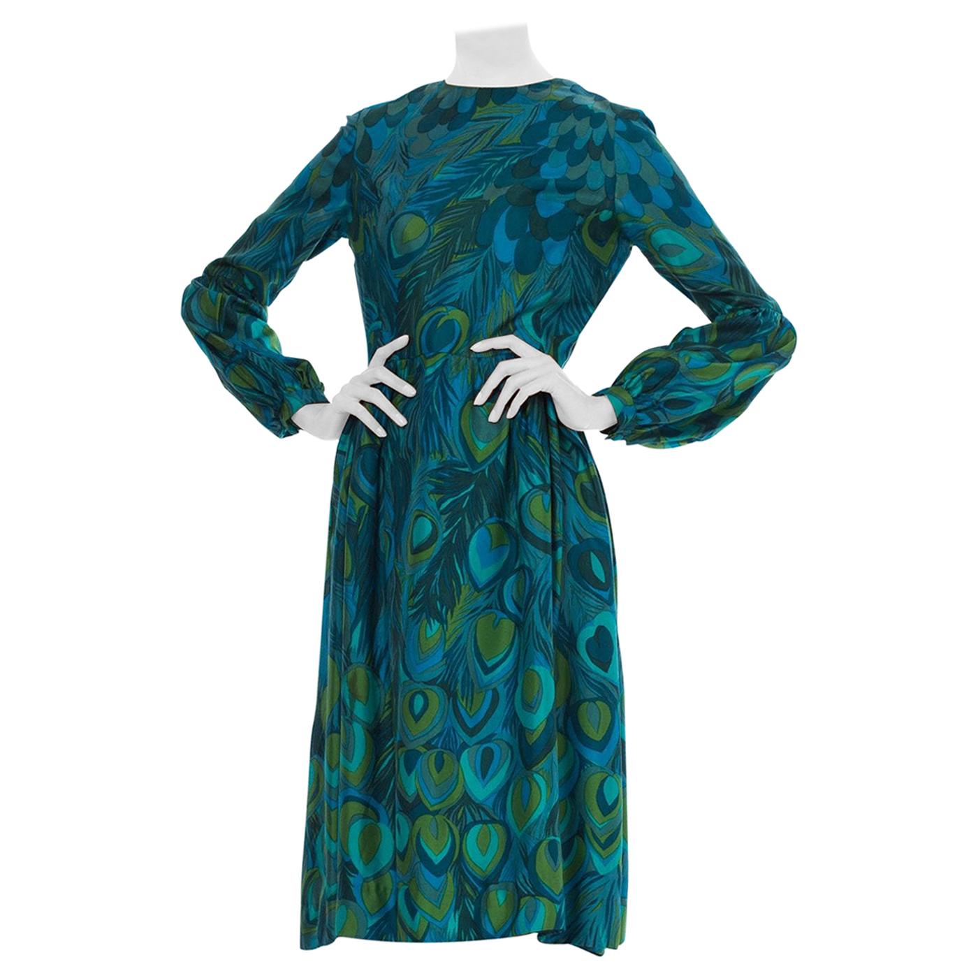 1960S Teal & Green Silk Twill Hand Printed Peacock Feather Print Long Sleeve Dr For Sale