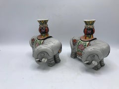 1960s Polychrome Ceramic Elephant Sculpture Candlestick Holders, Pair