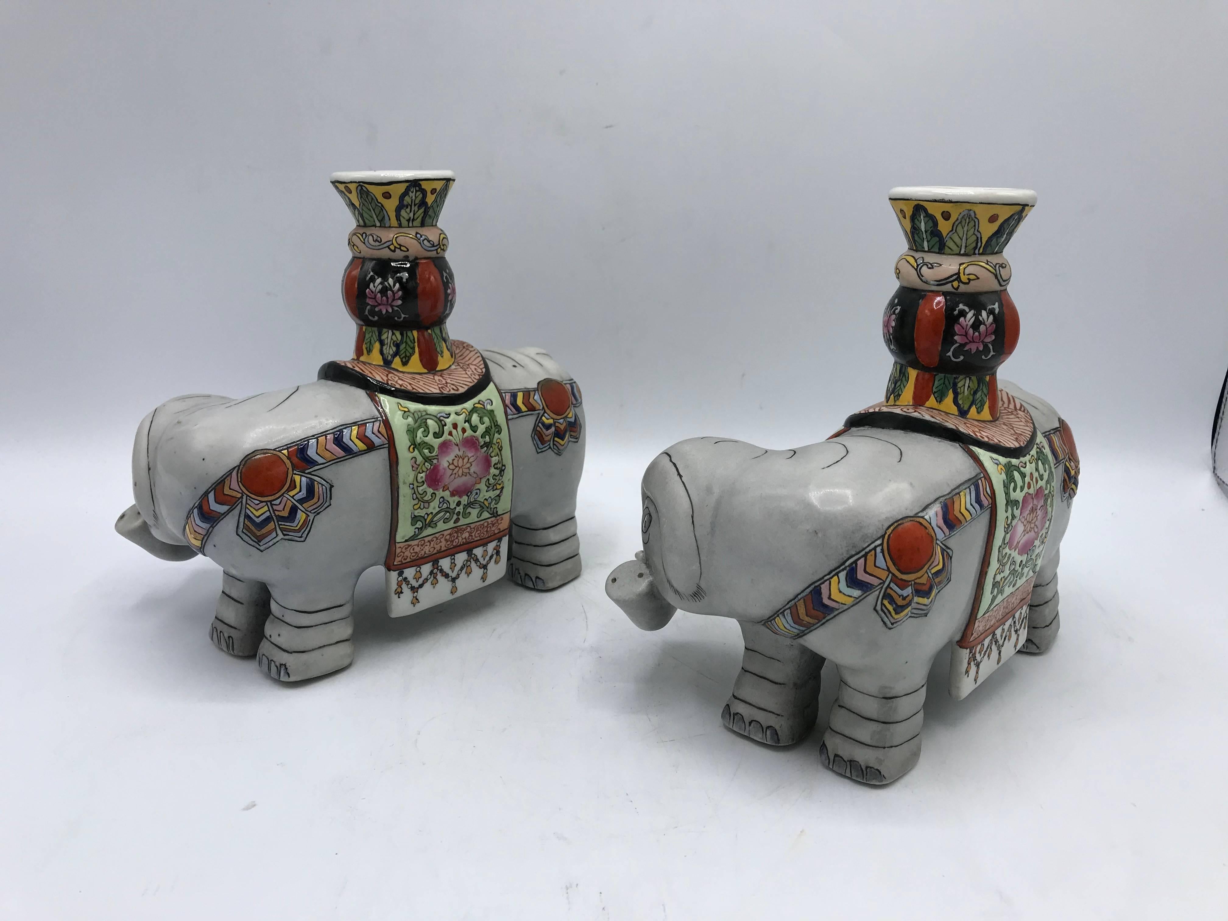 Chinoiserie 1960s Polychrome Ceramic Elephant Sculpture Candlestick Holders, Pair For Sale