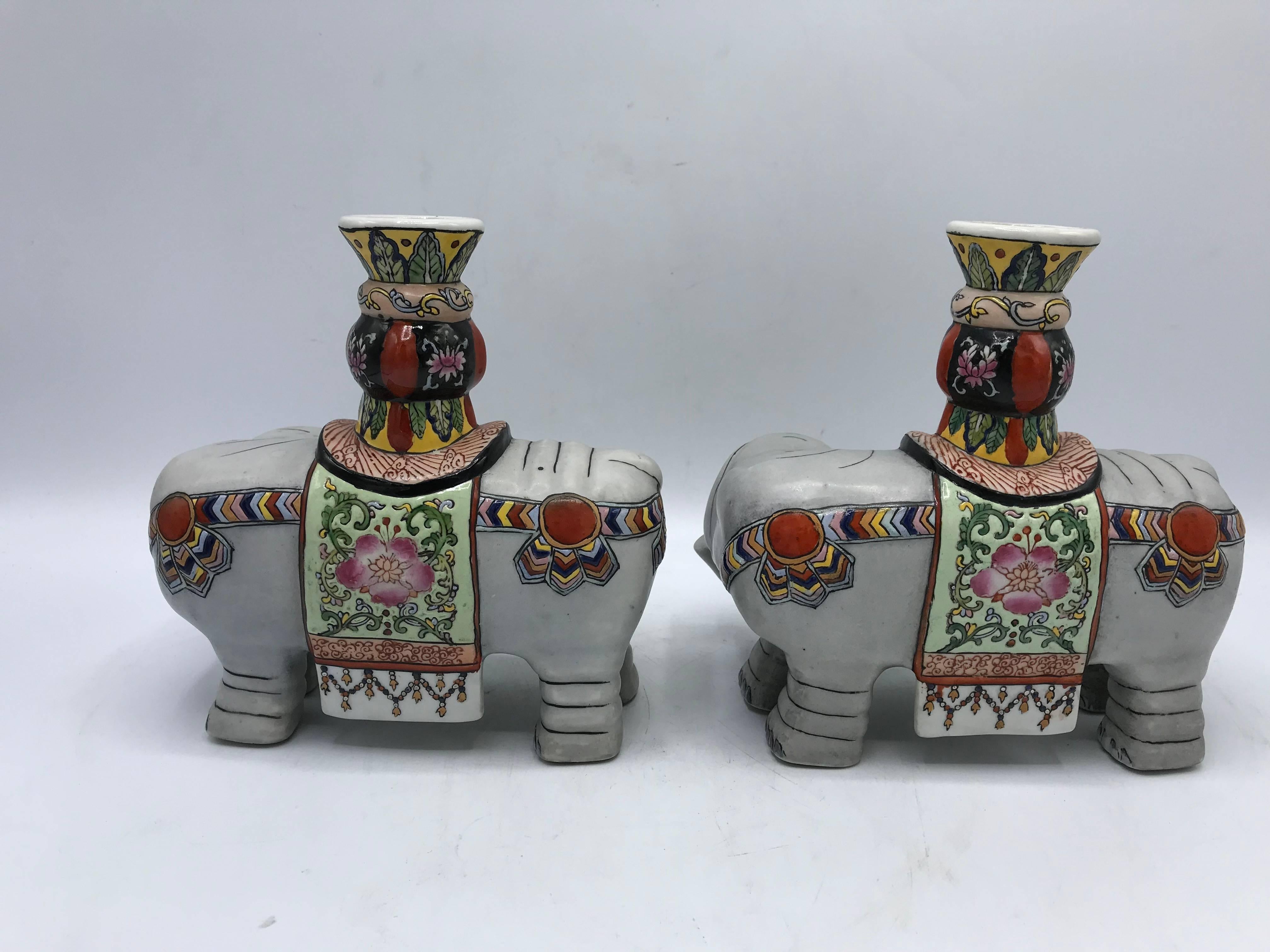 Glazed 1960s Polychrome Ceramic Elephant Sculpture Candlestick Holders, Pair For Sale
