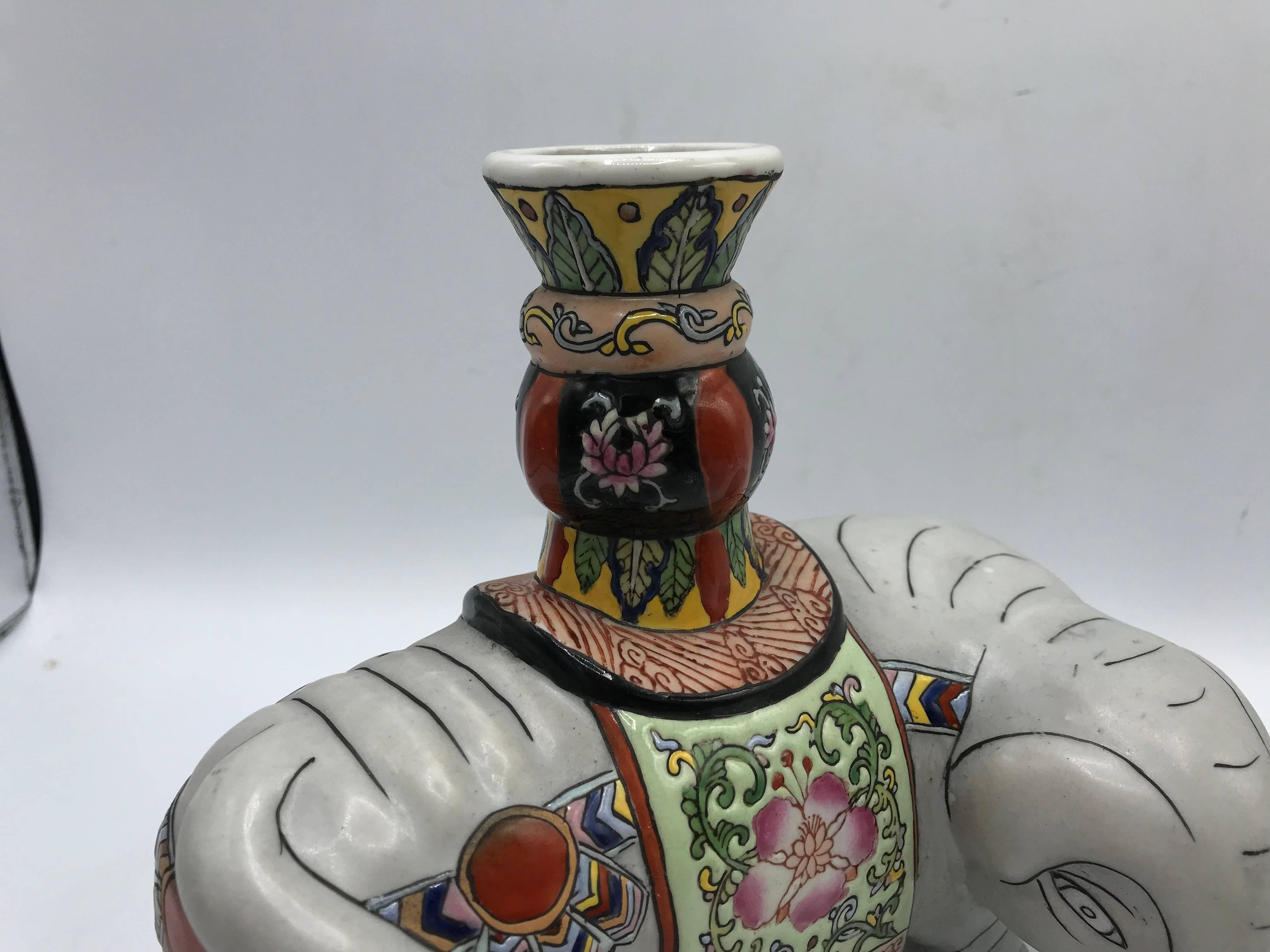 1960s Polychrome Ceramic Elephant Sculpture Candlestick Holders, Pair For Sale 1