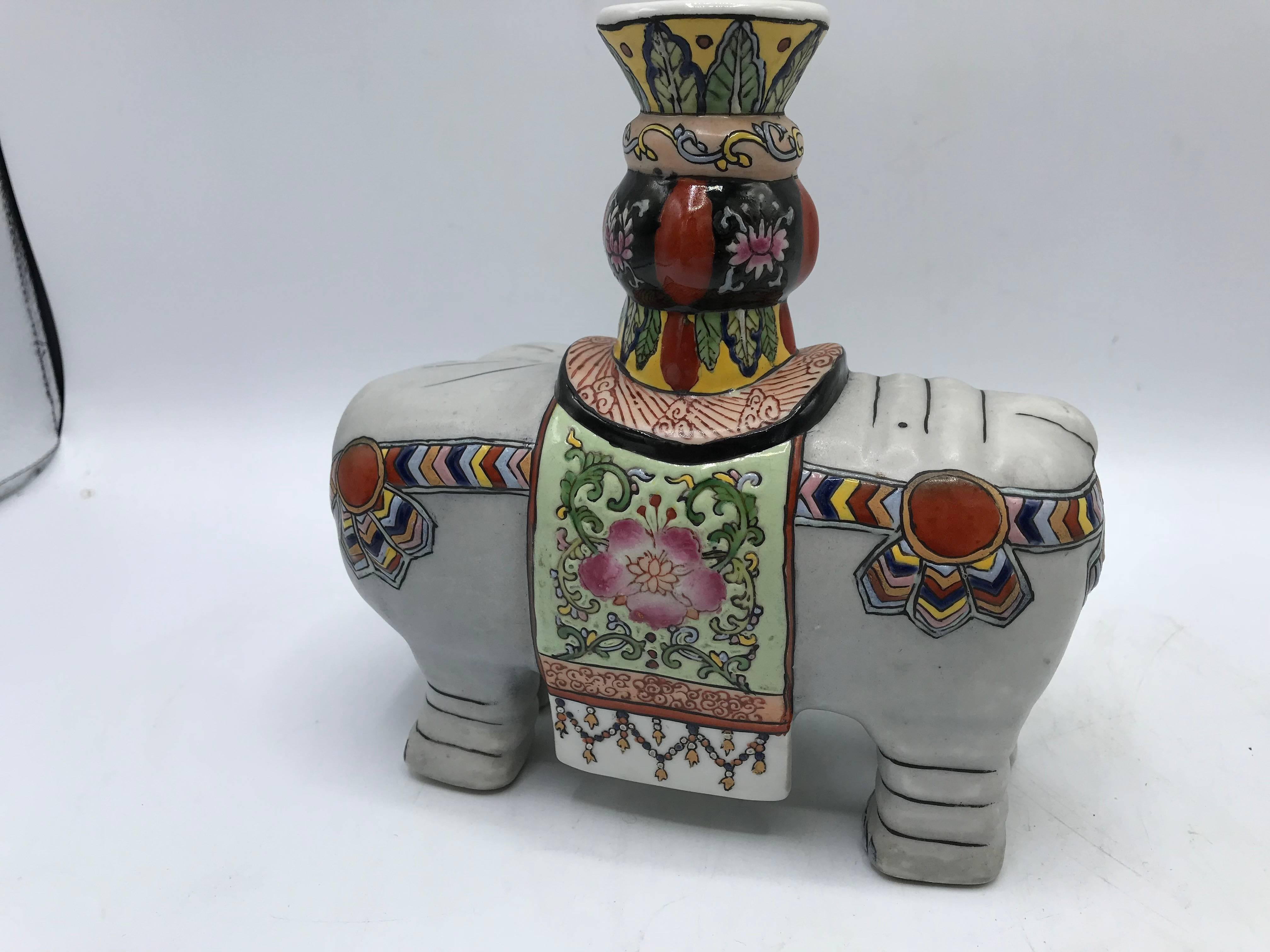 1960s Polychrome Ceramic Elephant Sculpture Candlestick Holders, Pair For Sale 3