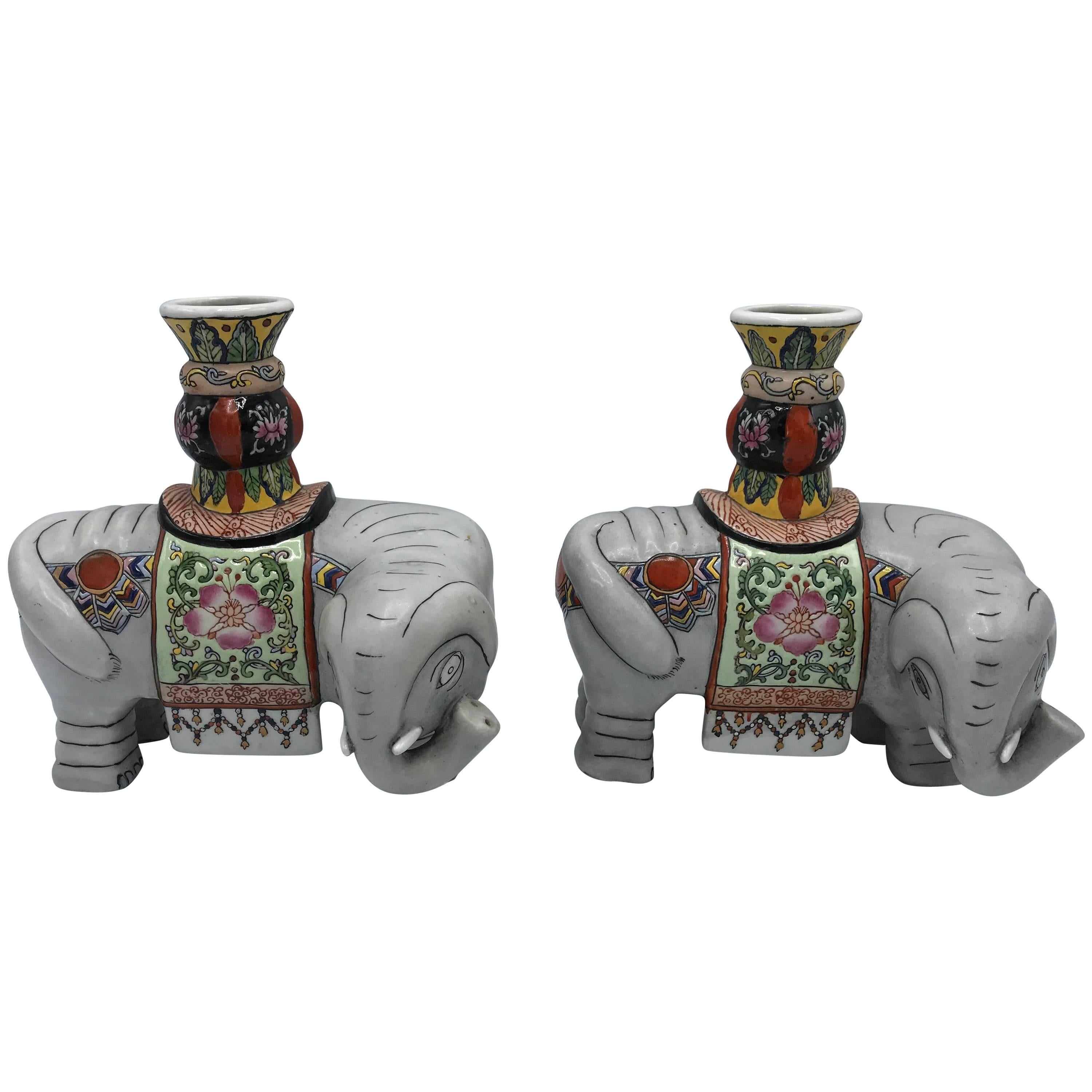 1960s Polychrome Ceramic Elephant Sculpture Candlestick Holders, Pair For Sale