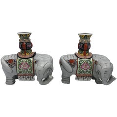 1960s Polychrome Ceramic Elephant Sculpture Candlestick Holders, Pair