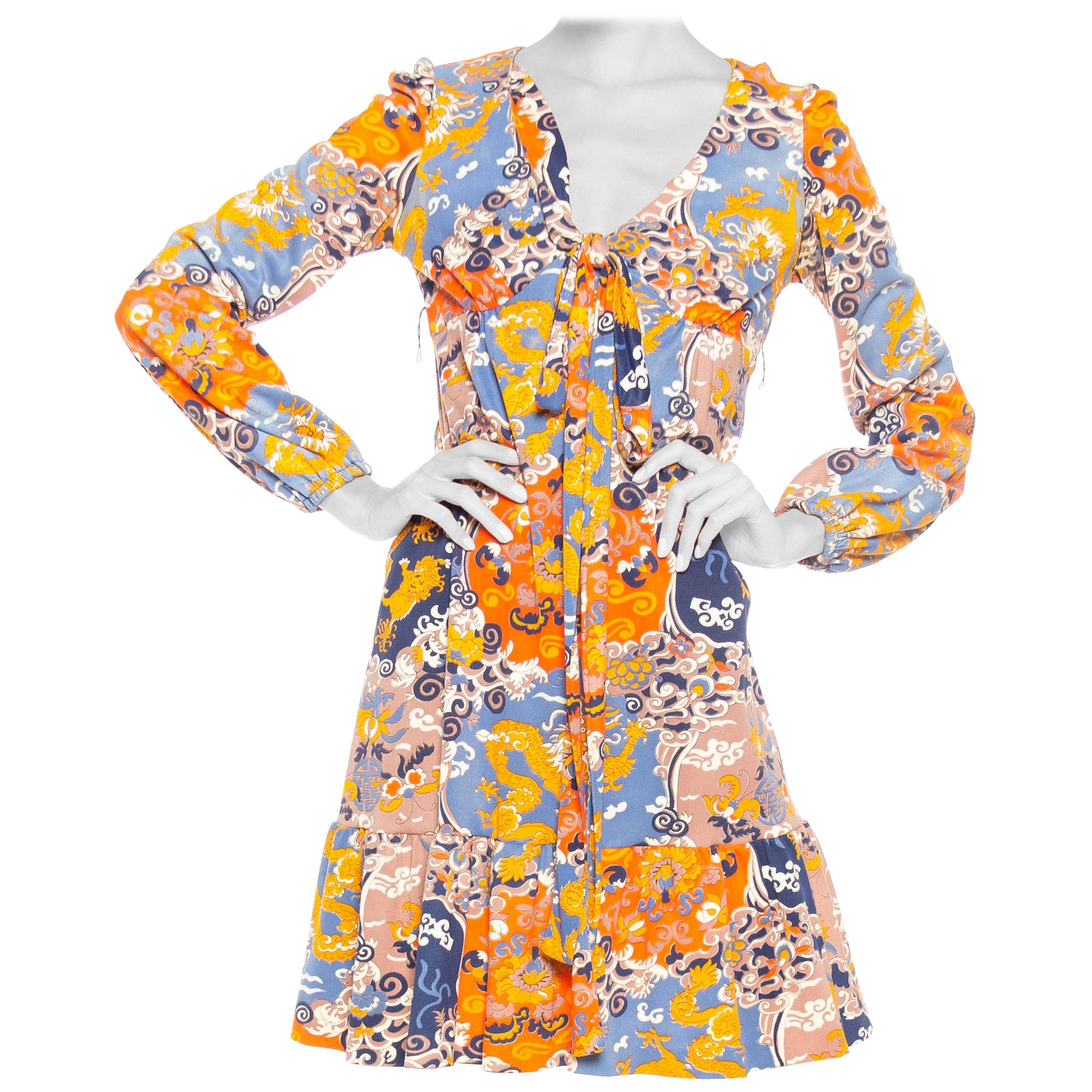 1960S Blue & Orange Nylon Jersey Chinese Dragon Print Long Sleeve Mini Dress