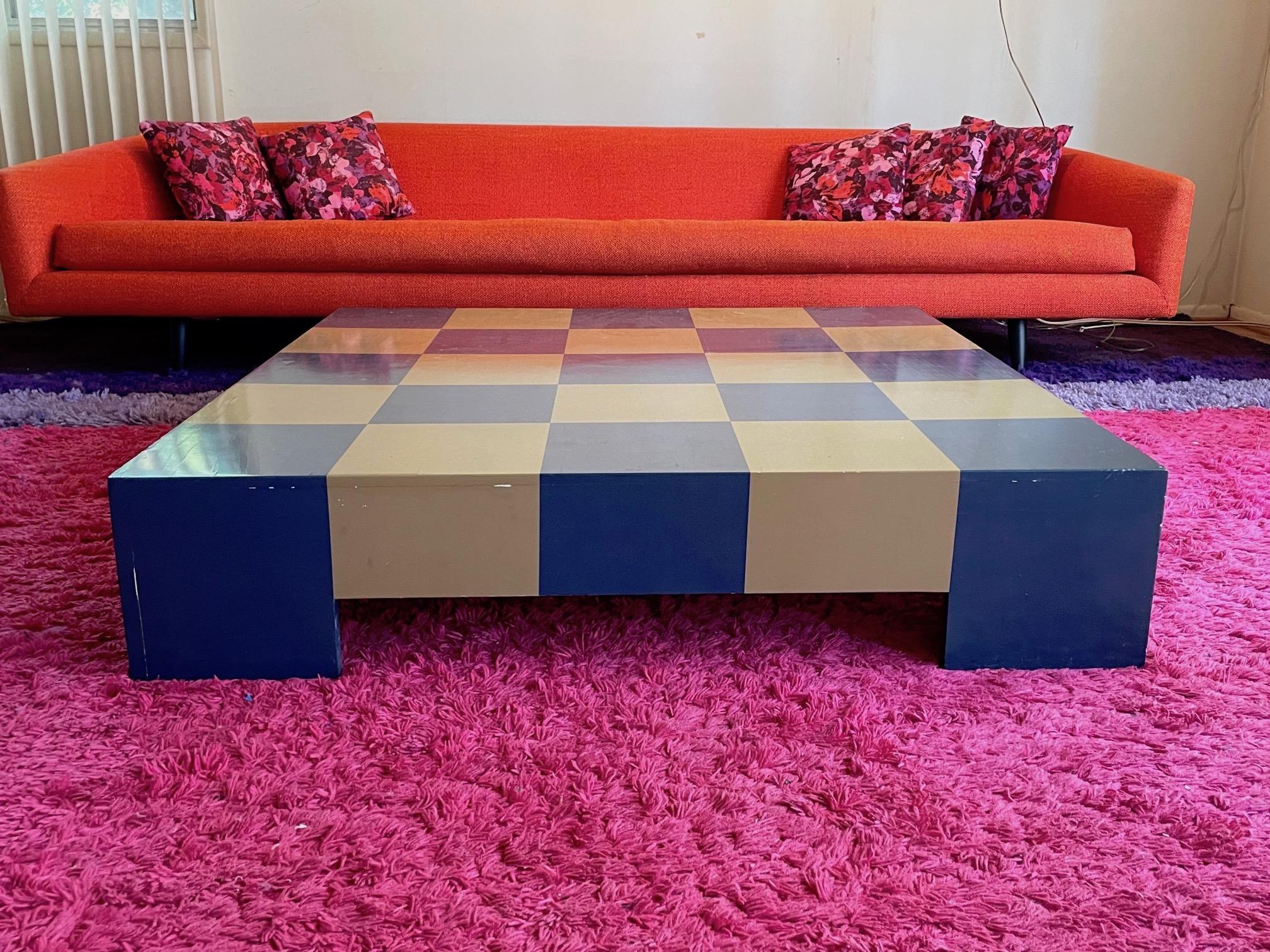 Mid-Century Modern 1960s Pop Art Baughman Blue+Cream Checkerboard Parsons Low Midcentury Table