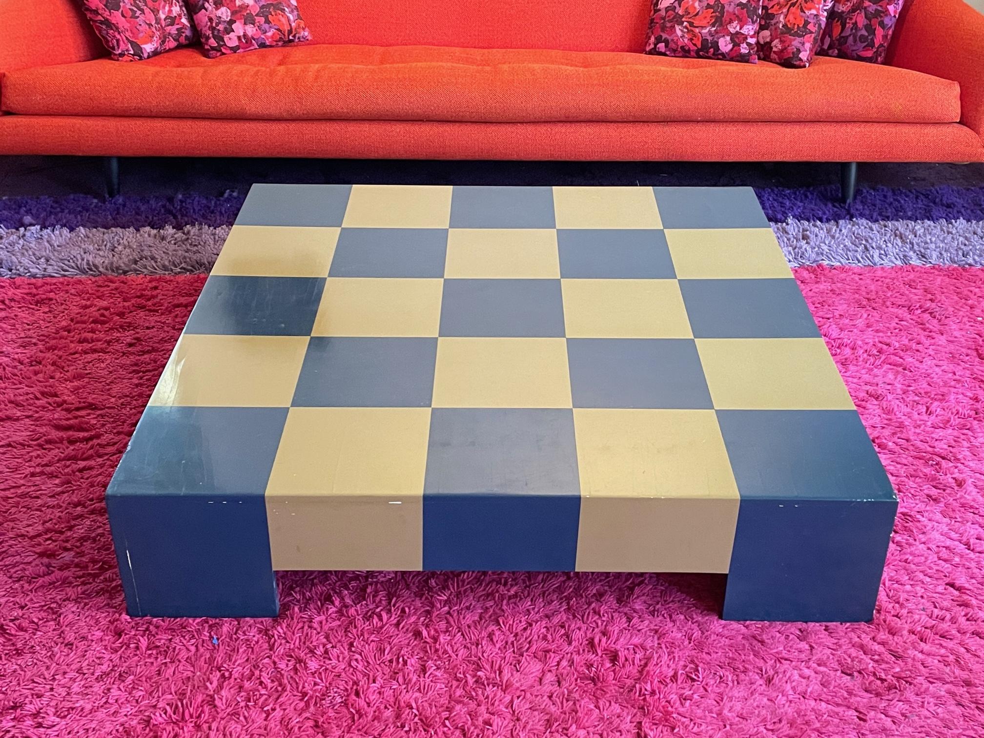Painted 1960s Pop Art Baughman Blue+Cream Checkerboard Parsons Low Midcentury Table