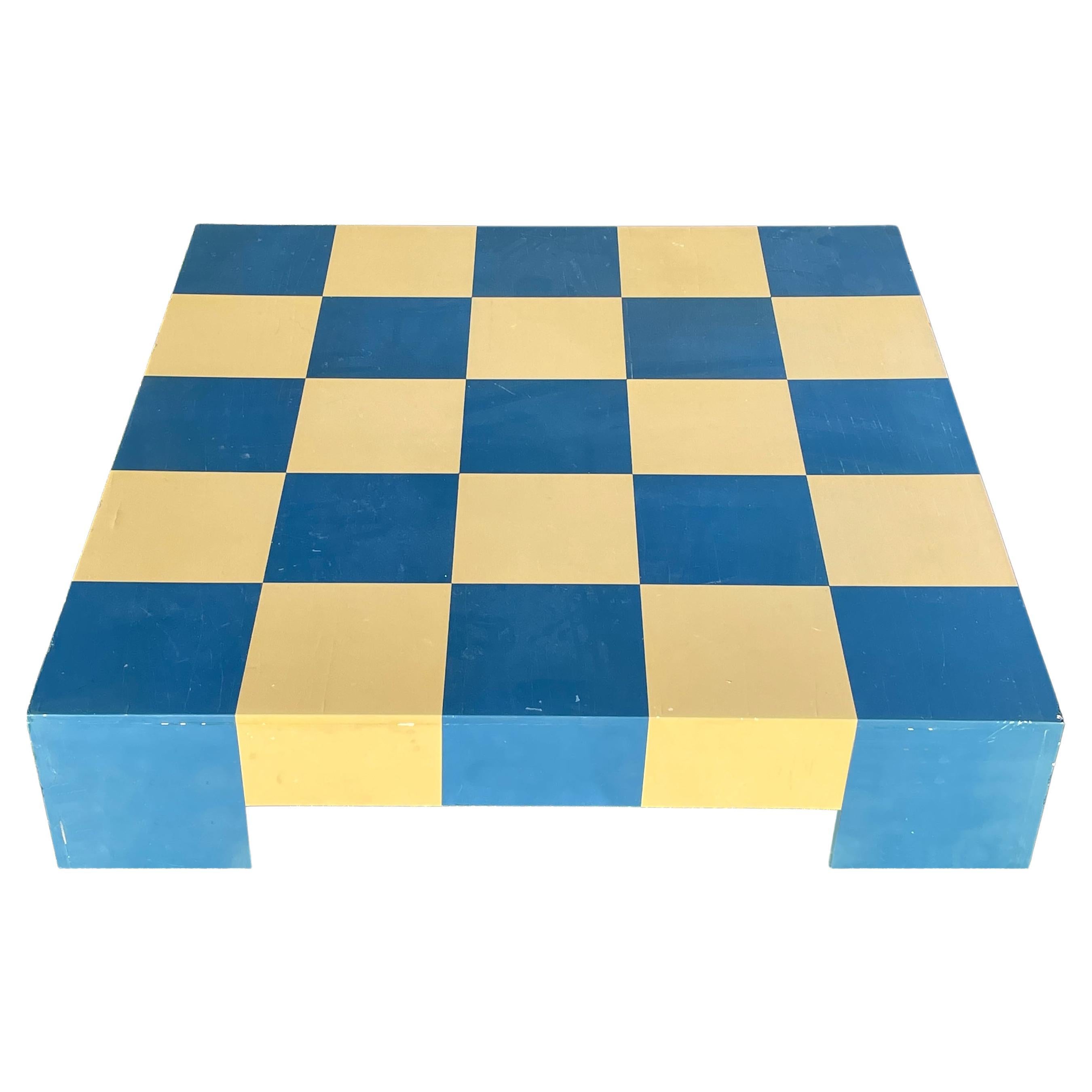 1960s Pop Art Baughman Blue+Cream Checkerboard Parsons Low Midcentury Table