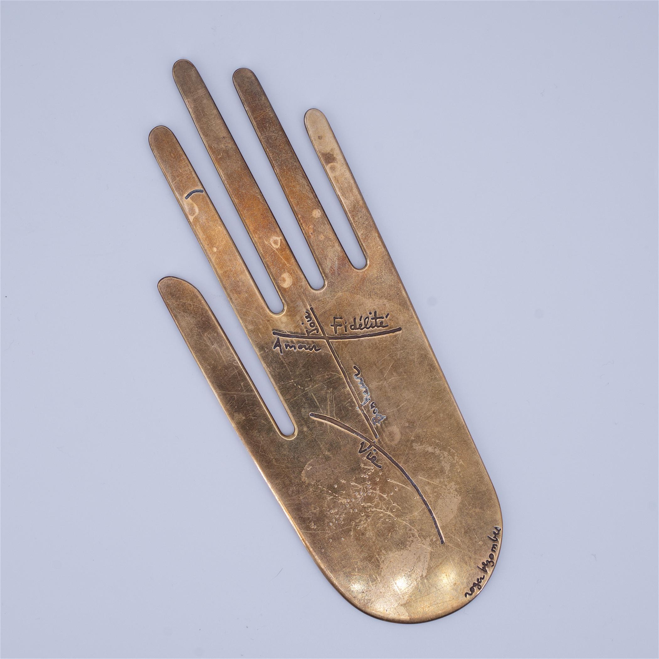 French 1960s Pop Art Brass 2 Dimensional Hand 2D Sculpture Palmistry Love For Sale