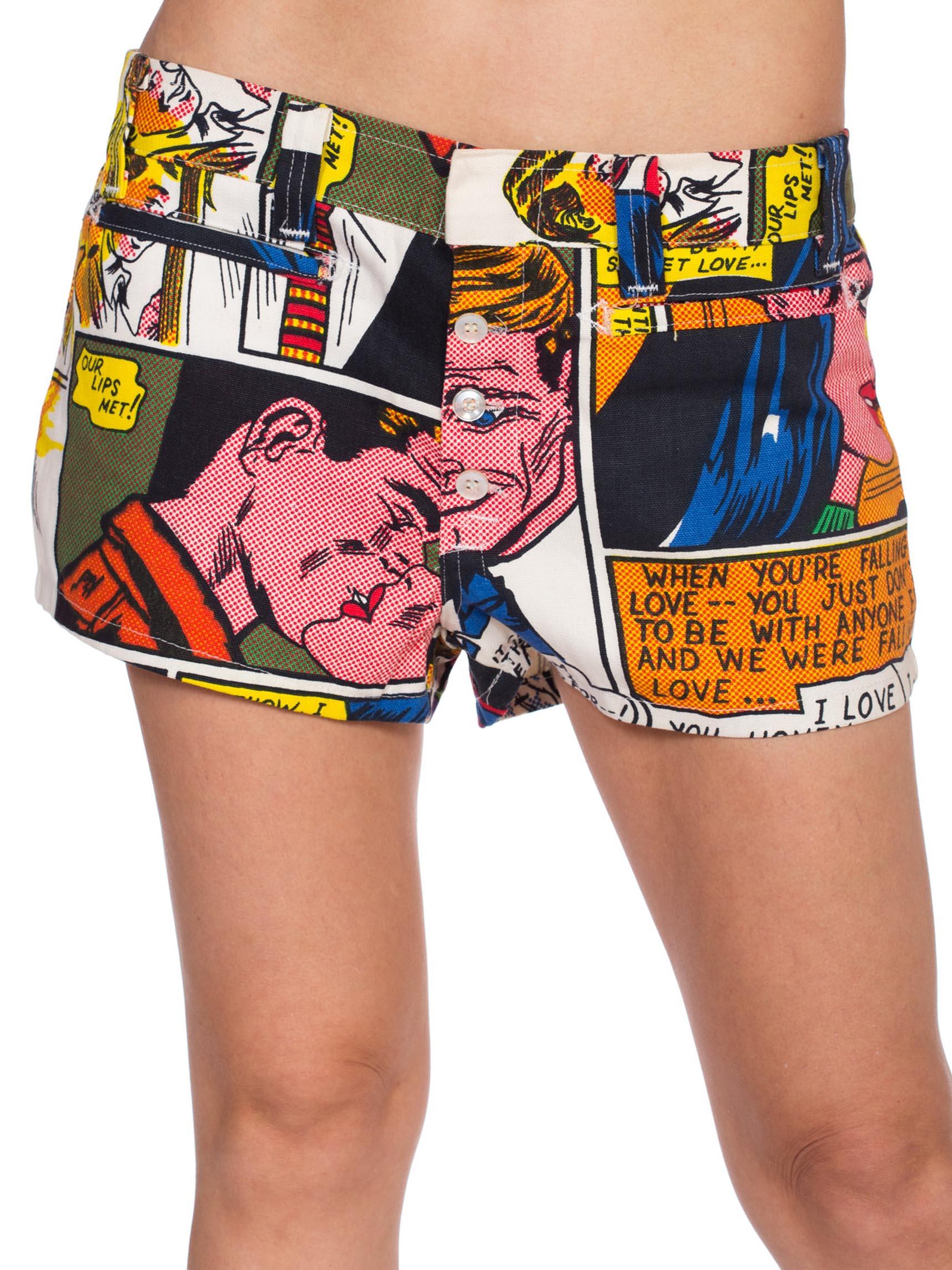 1990S White Cotton Denim Pop-Art Roy Lichtenstein Comic Printed Shorts 1