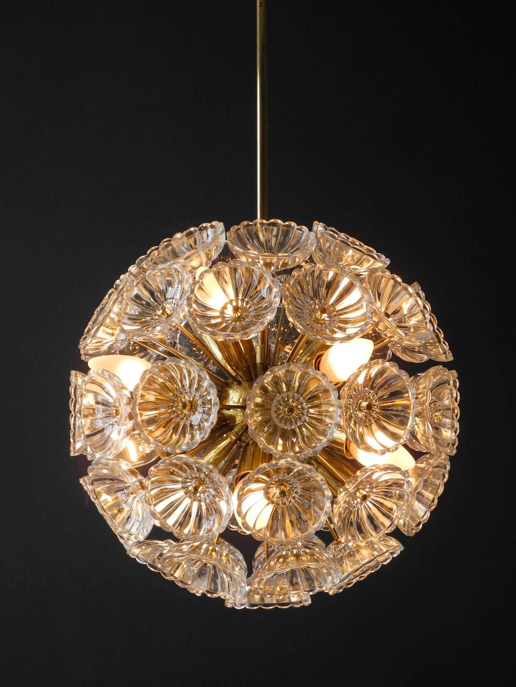 Mid-Century Modern 1960s Pop Art Space Age Sputnik Brass Glass Flower Dandelion Ceiling Lamp