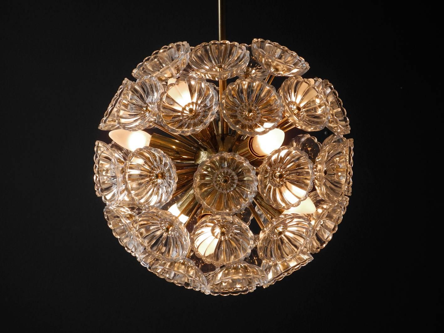 European 1960s Pop Art Space Age Sputnik Brass Glass Flower Dandelion Ceiling Lamp