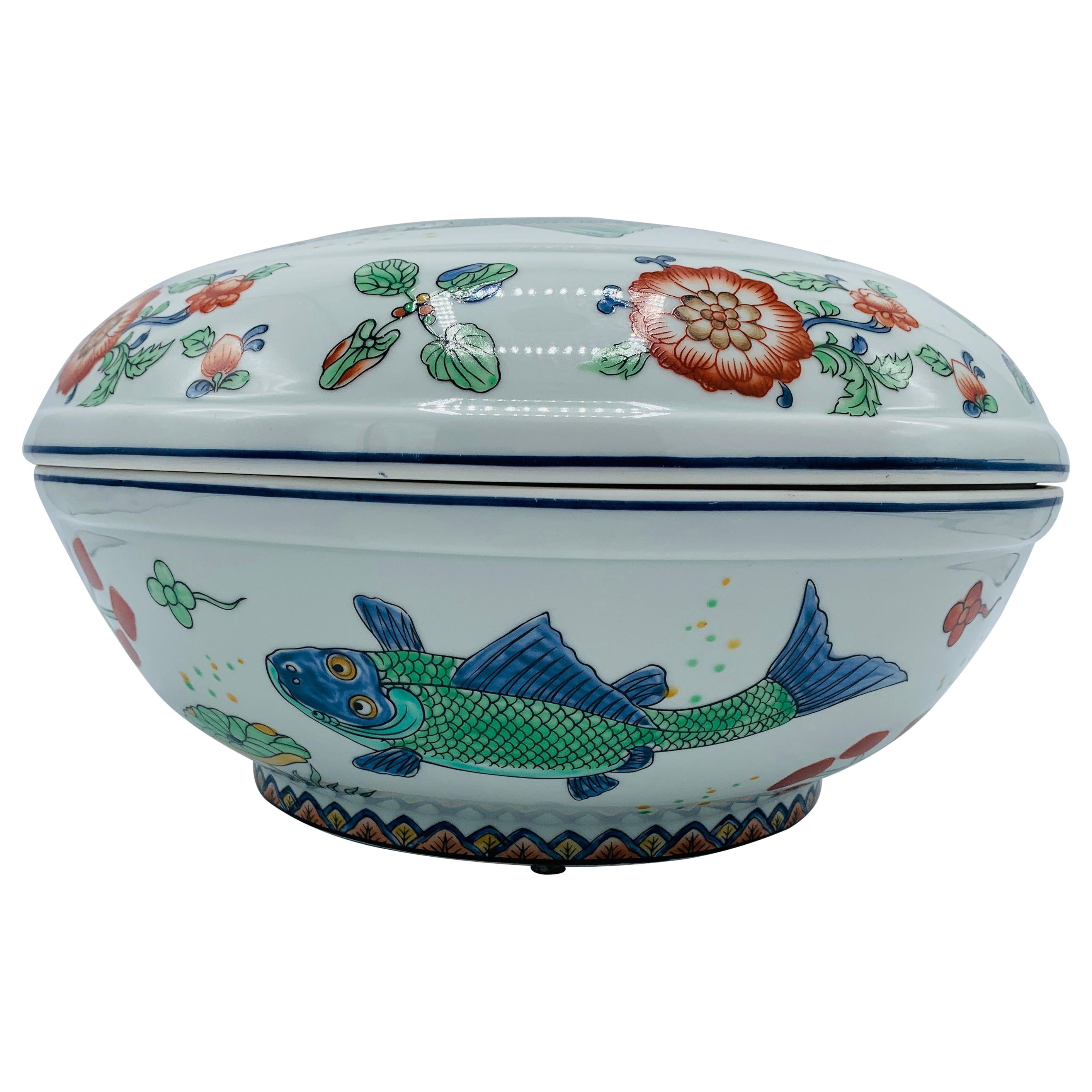1960s Porcelain Lidded Bowl with Chinoiserie Fish Motif For Sale