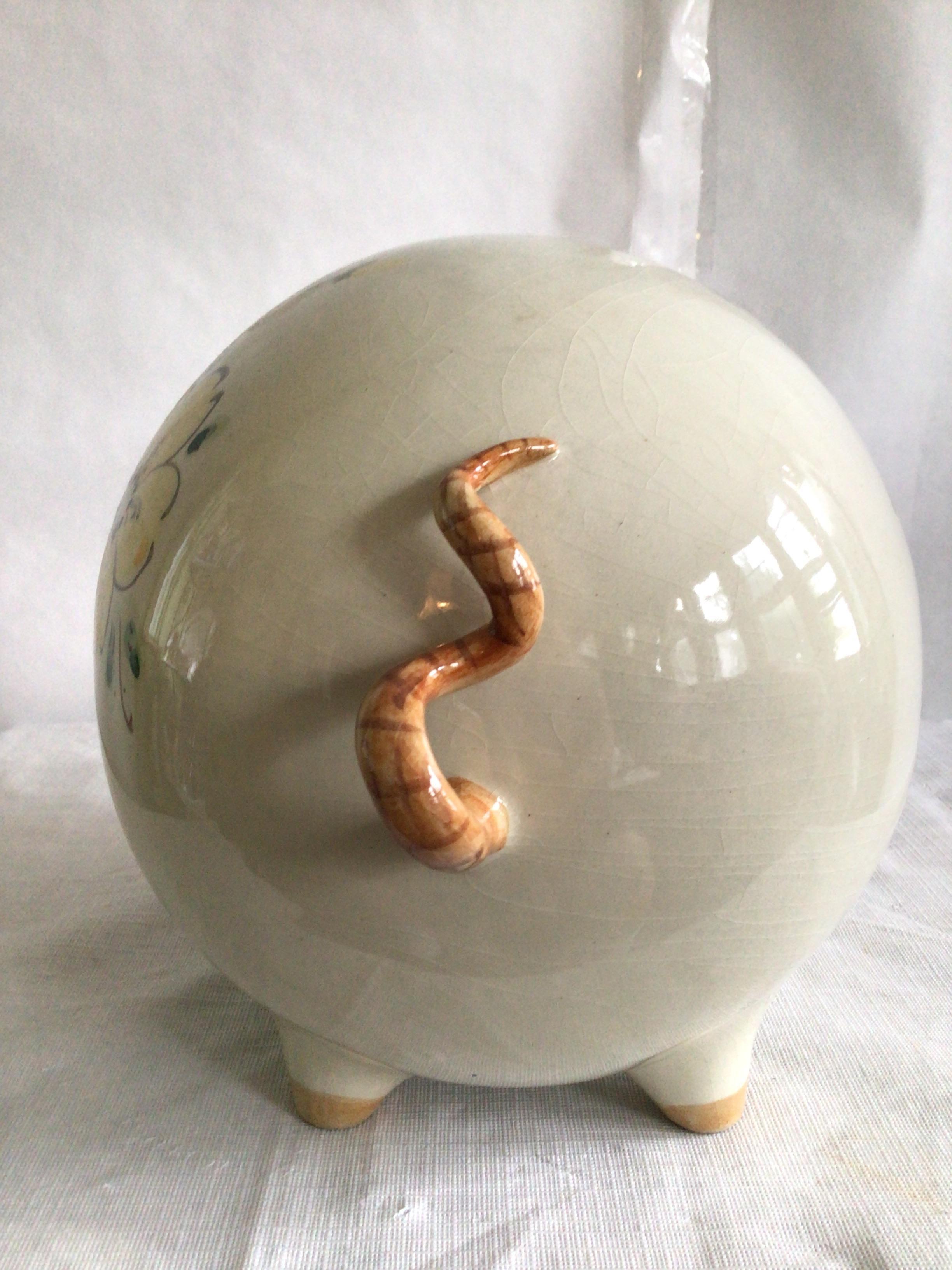 1960s Portugese Glazed Ceramic Painted Piggy Bank In Good Condition For Sale In Tarrytown, NY