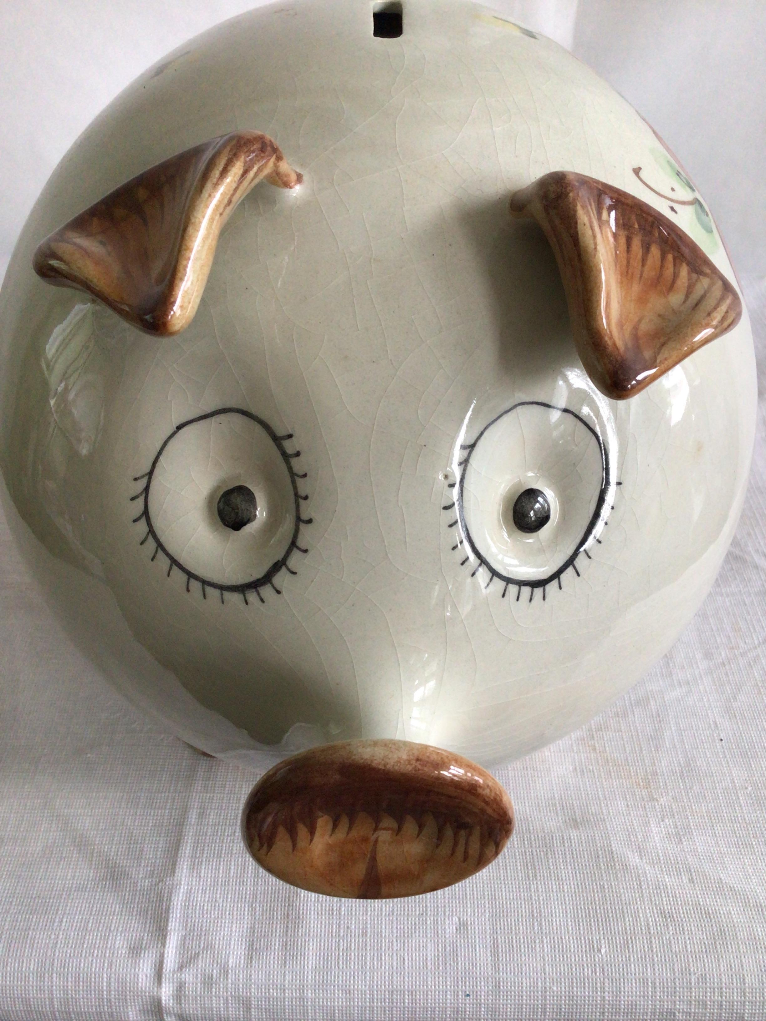 Mid-20th Century 1960s Portugese Glazed Ceramic Painted Piggy Bank For Sale