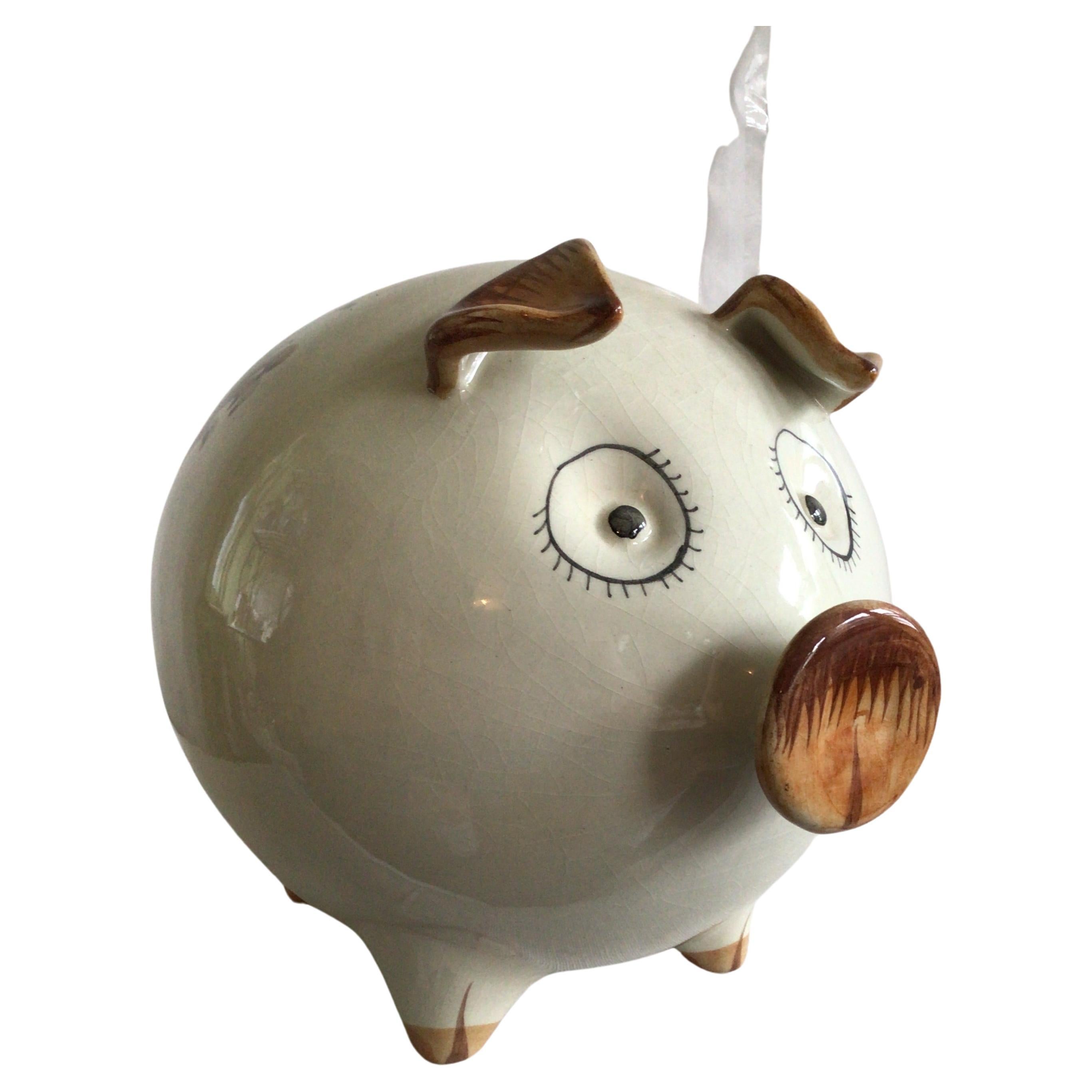 1960s Portugese Glazed Ceramic Painted Piggy Bank For Sale