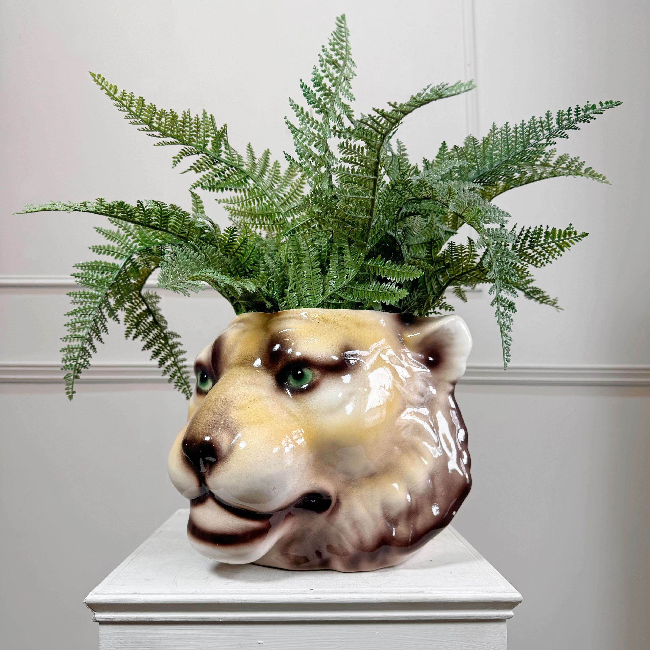 1960s Portuguese Lion Head Ceramic Planter 2