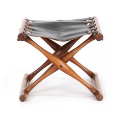 1960s Poul Hundevad “Gold Hill Chair” Solid Wood Folding Stool, Black Leather