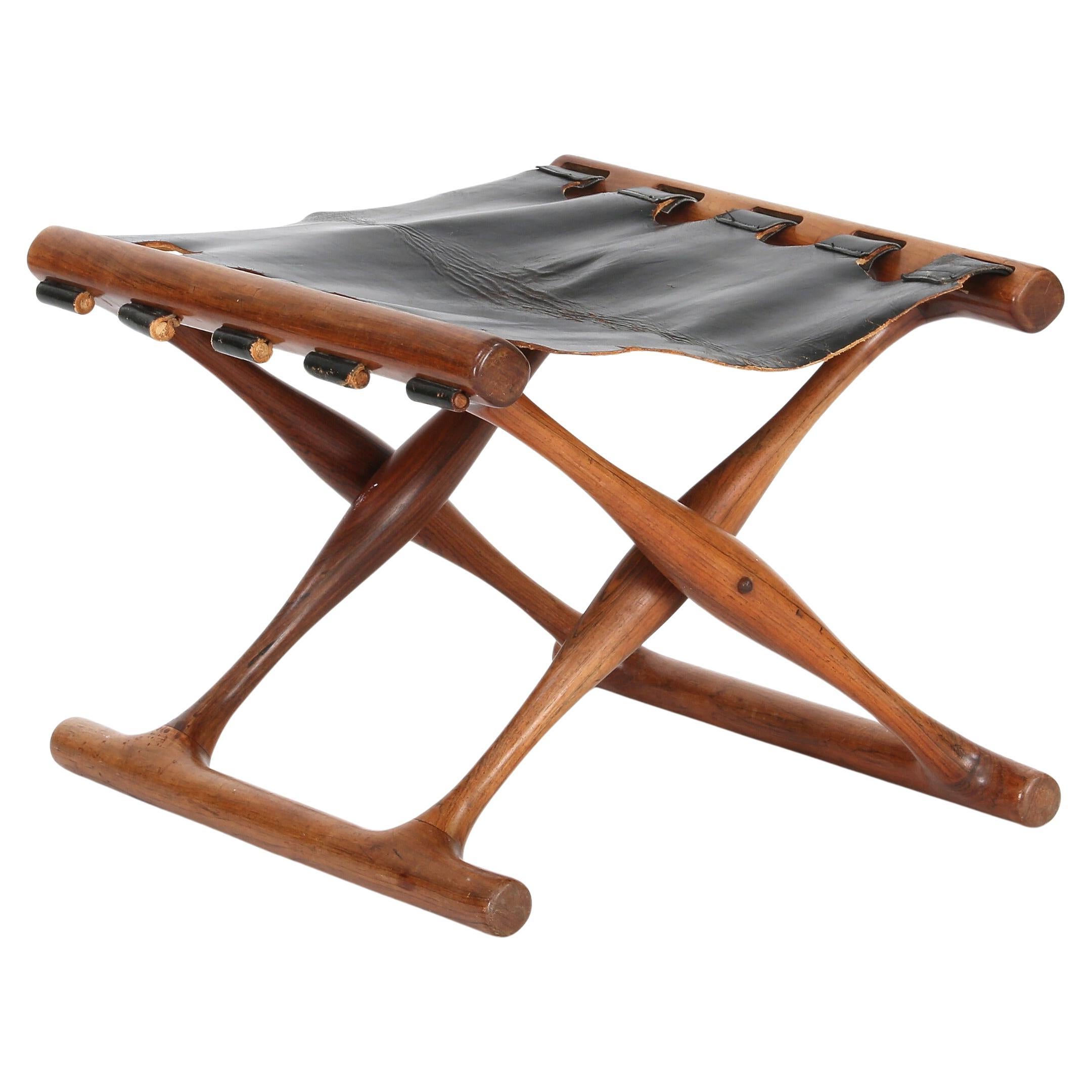 1960 Poul Hundevad "Gold Hill Chair" Sgabello pieghevole in legno massiccio, pelle nera in vendita