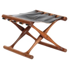 1960 Poul Hundevad "Silla Gold Hill" Taburete plegable de madera maciza, cuero negro