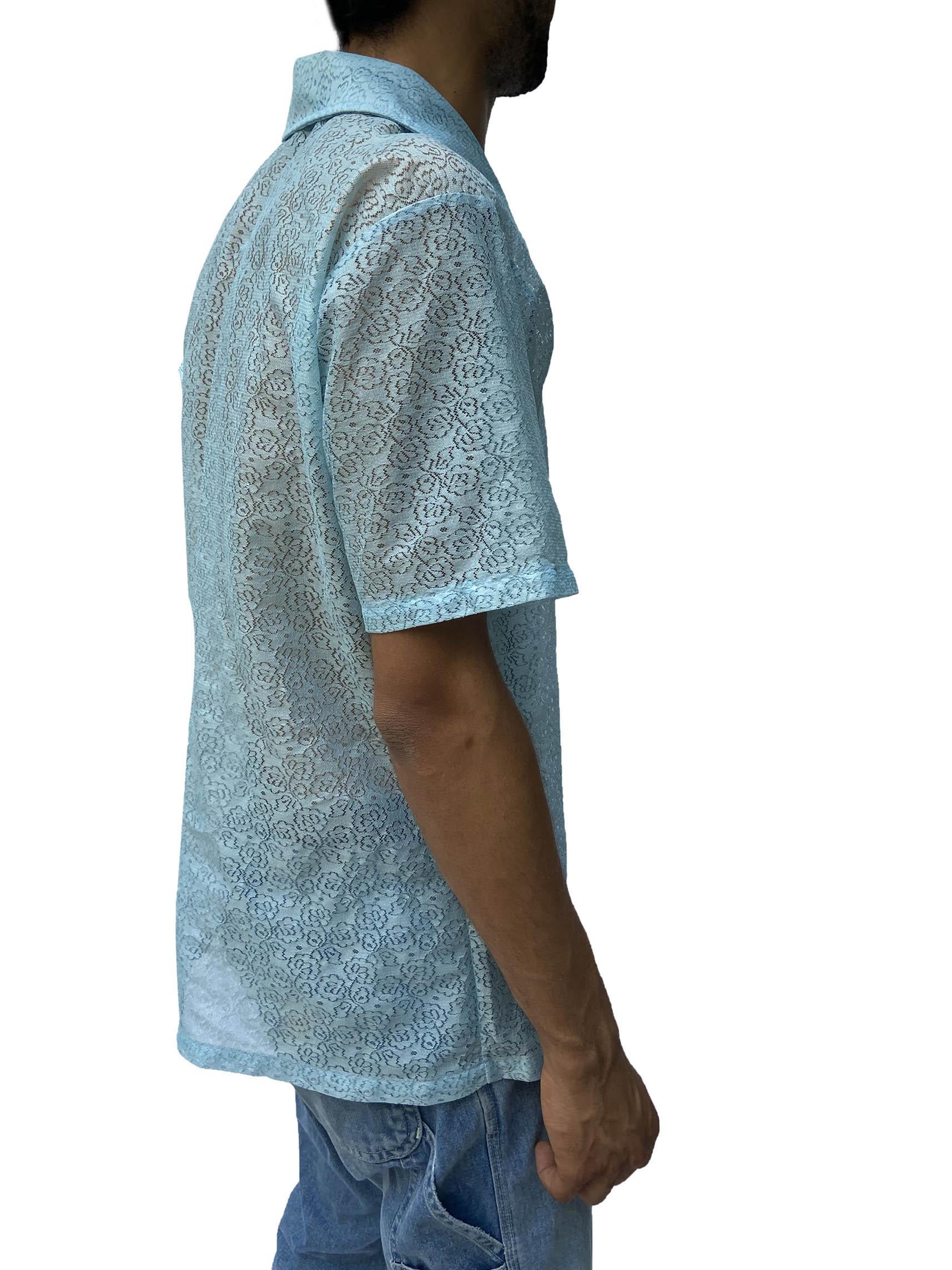 Gray 1960S Powdered Blue Polyester Lace Men's Short Sleeve Shirt For Sale