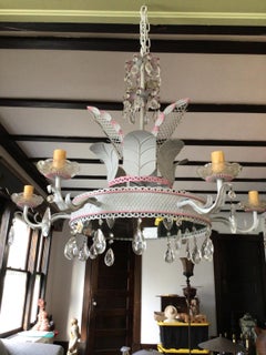 1960s Powdered Grey and Pink Trim Tole Chandelier