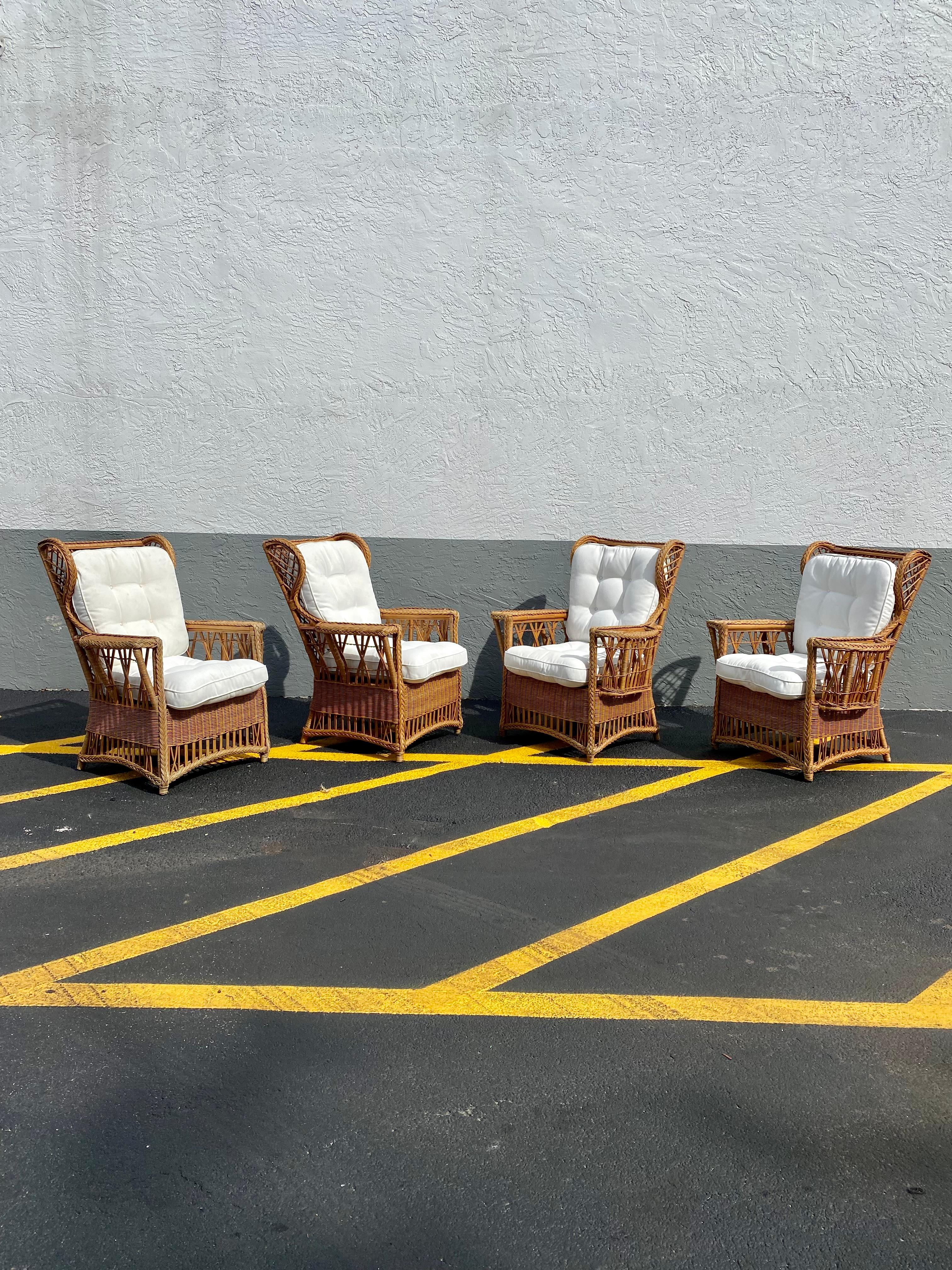 Mid-Century Modern 1960s President Sculptural Wingback Rattan Chairs, Set of 4 For Sale