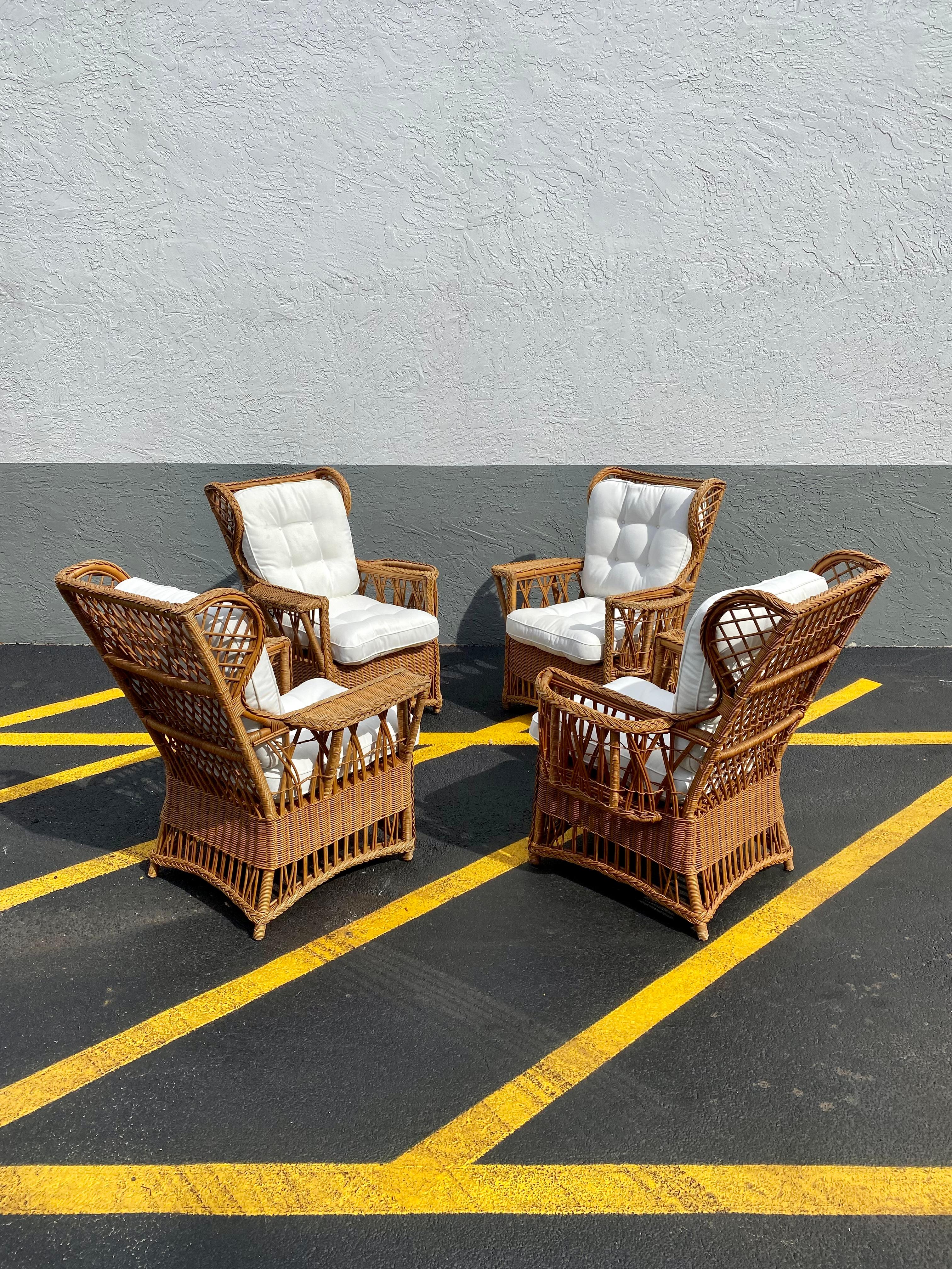 American 1960s President Sculptural Wingback Rattan Chairs, Set of 4 For Sale
