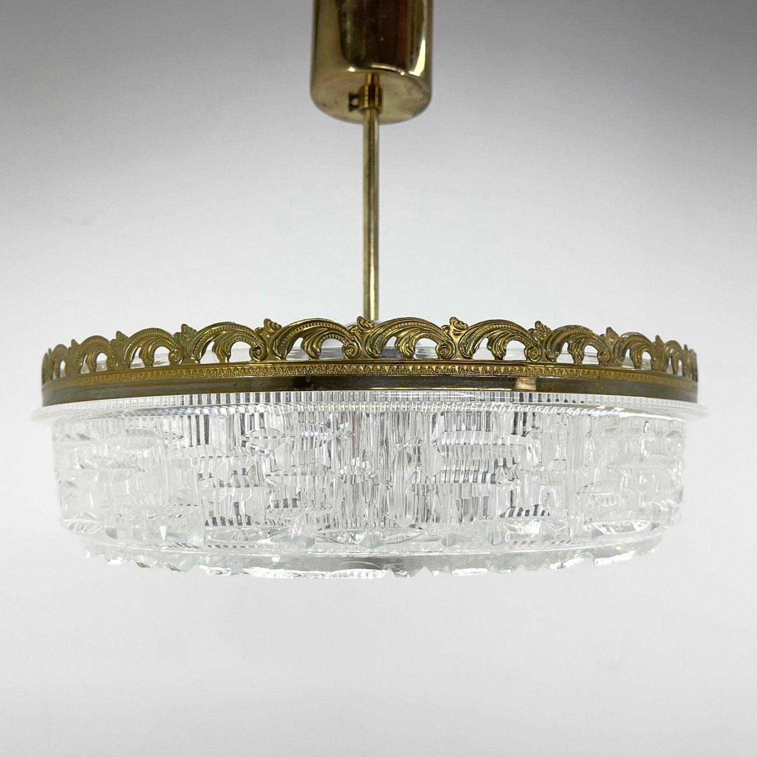 Mid-century glass pendant light with metal rim, produced in Czechoslovakia in the 1960's. Bulb: 2 x E25-E27.