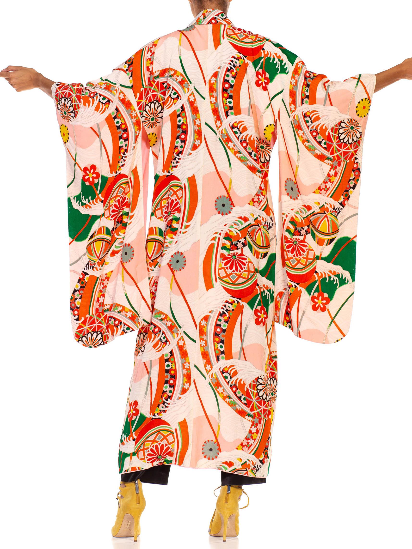 Orange 1960S Printed & Peach Silk Spring Festival Japanese Kimono For Sale