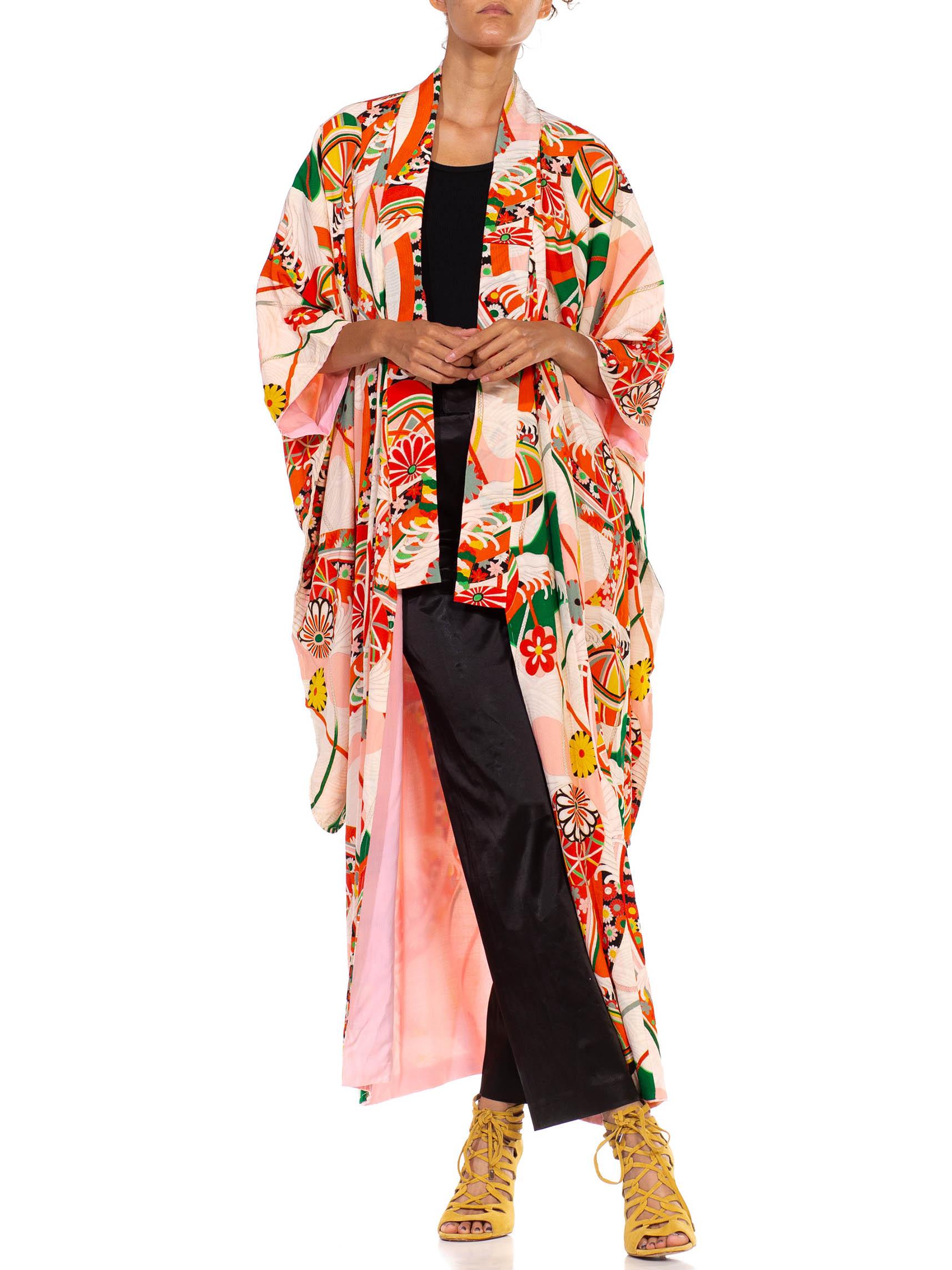 Women's or Men's 1960S Printed & Peach Silk Spring Festival Japanese Kimono For Sale