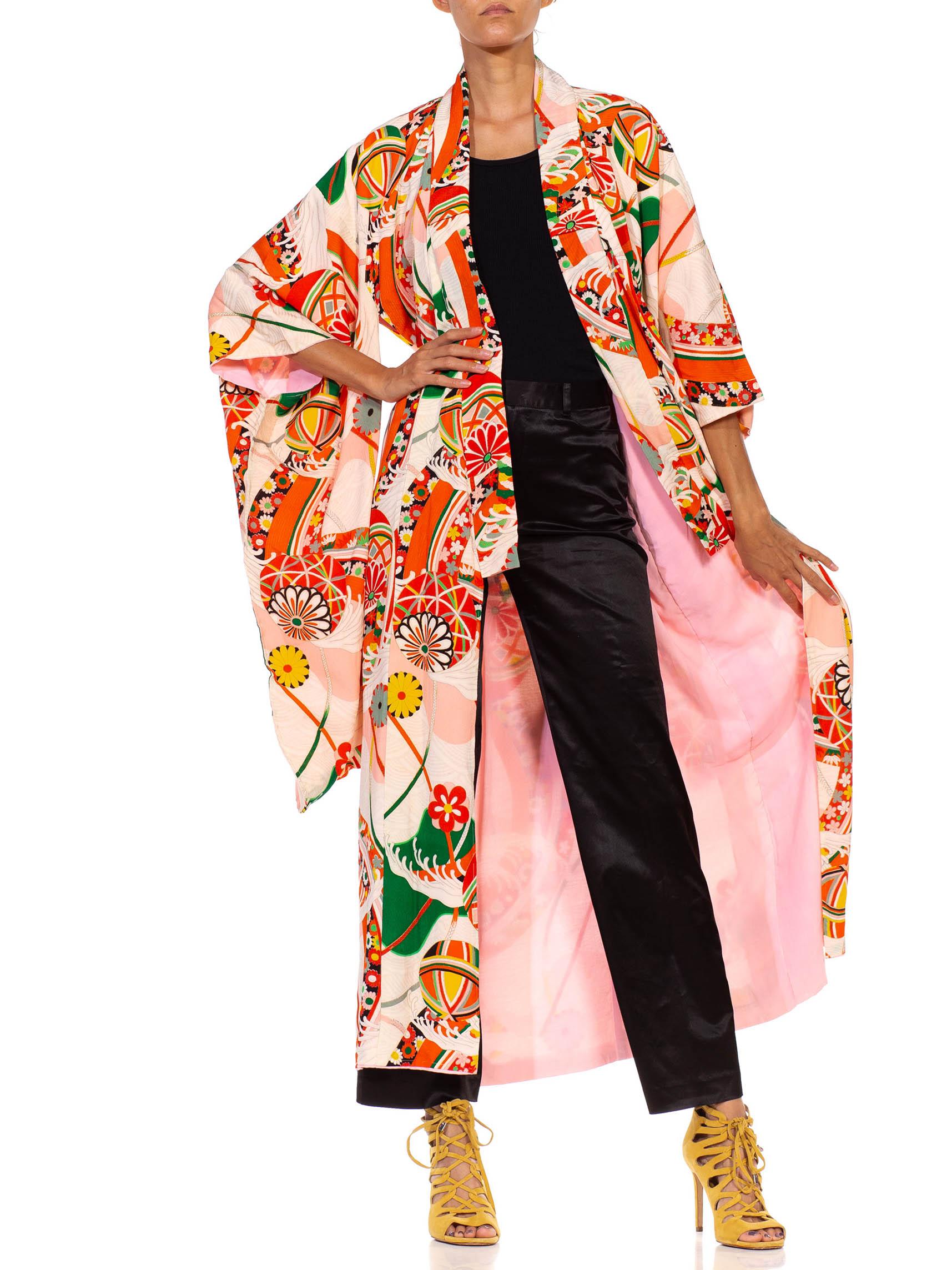 1960S Printed & Peach Silk Spring Festival Japanese Kimono For Sale 1