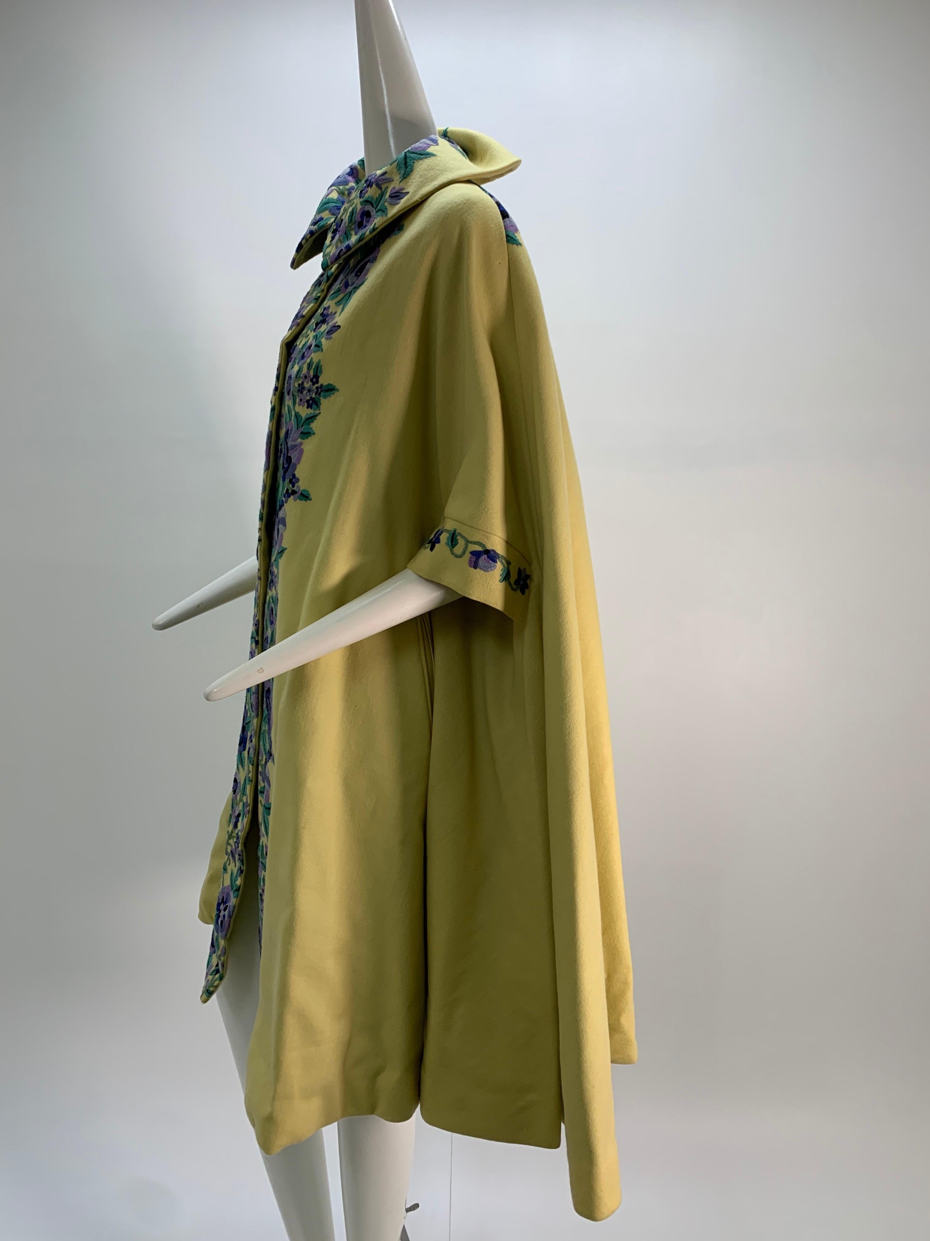 1960s Profils Du Monde Citrine Wool Swing Coat W/ Crewel Floral Embroidery Front For Sale 1