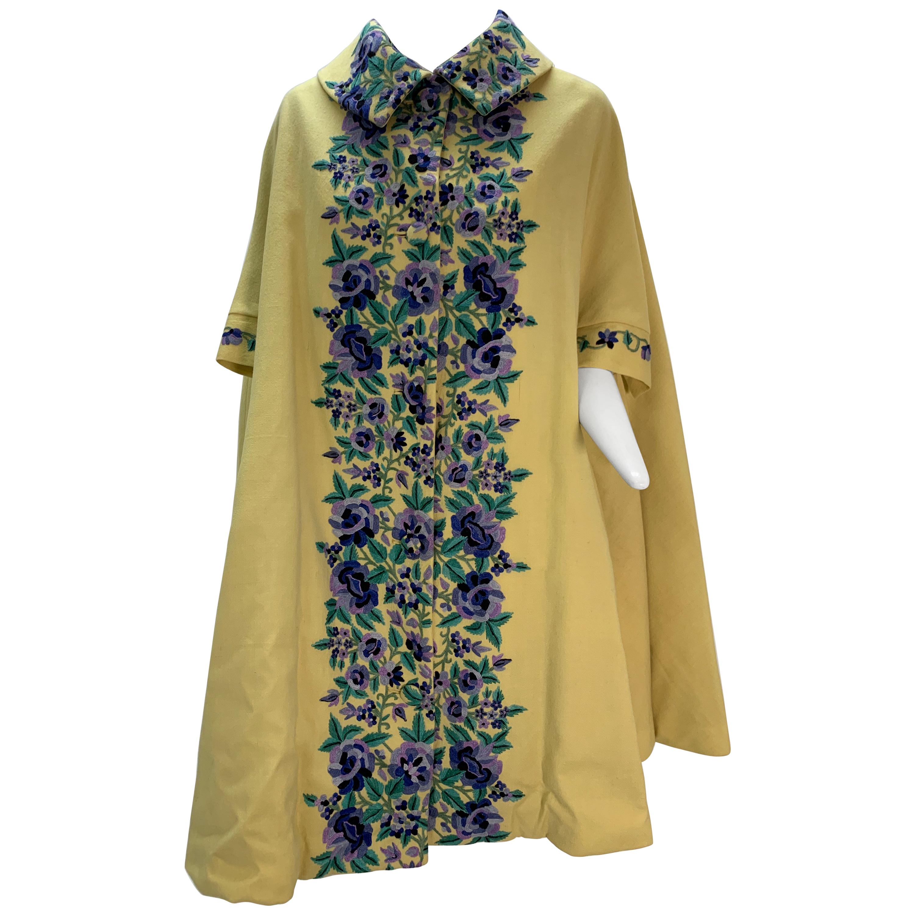 1960s Profils Du Monde Citrine Wool Swing Coat W/ Crewel Floral Embroidery Front For Sale