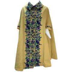 Used 1960s Profils Du Monde Citrine Wool Swing Coat W/ Crewel Floral Embroidery Front